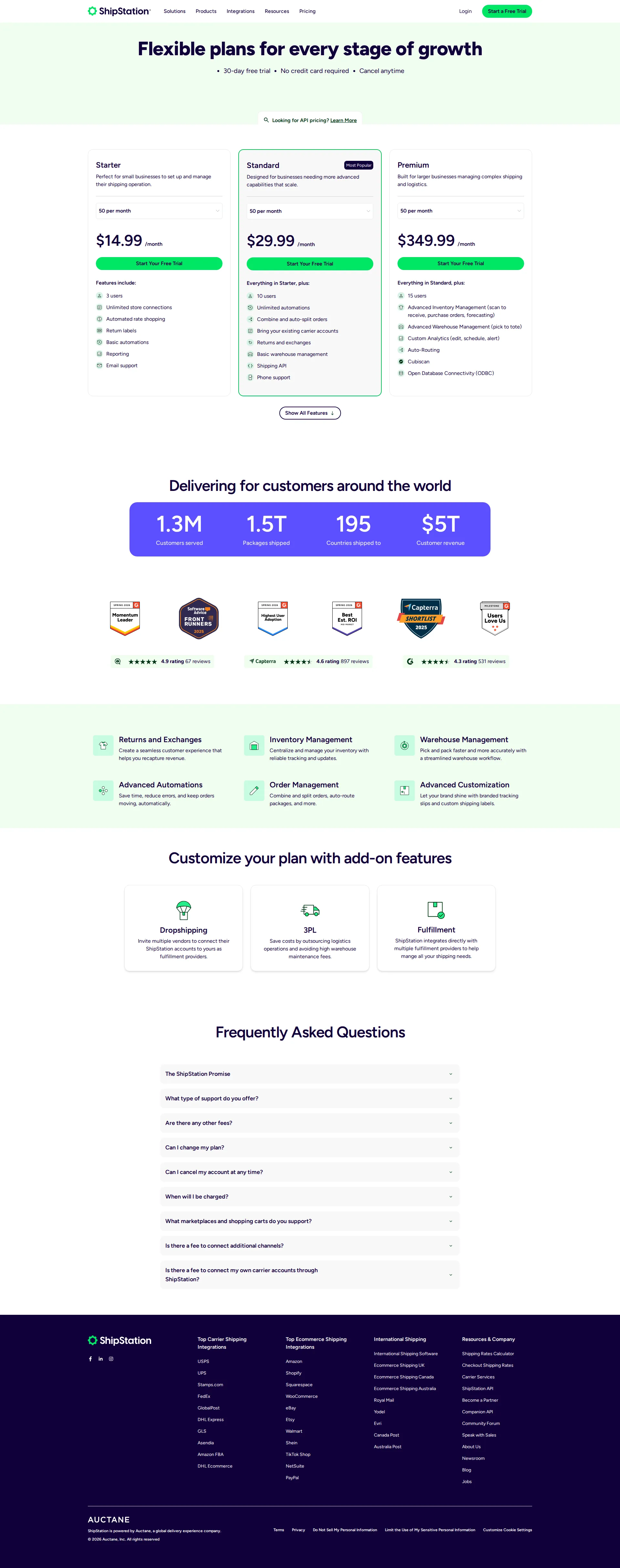 ShipStation pricing page screenshot