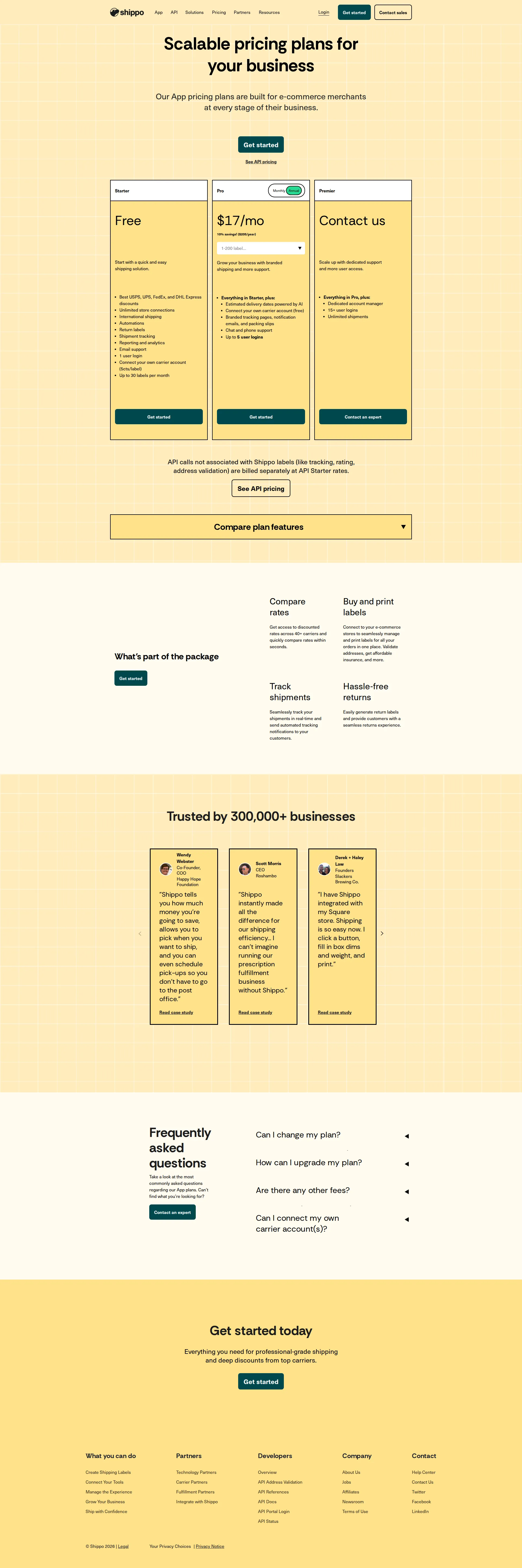 Shippo pricing page screenshot