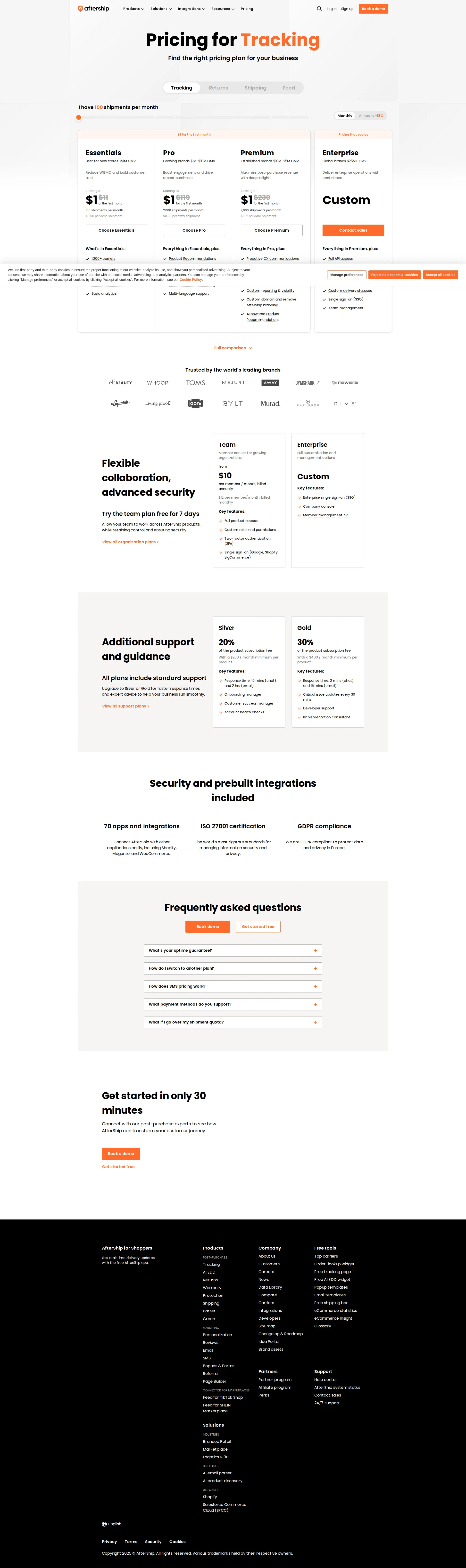 AfterShip pricing page screenshot
