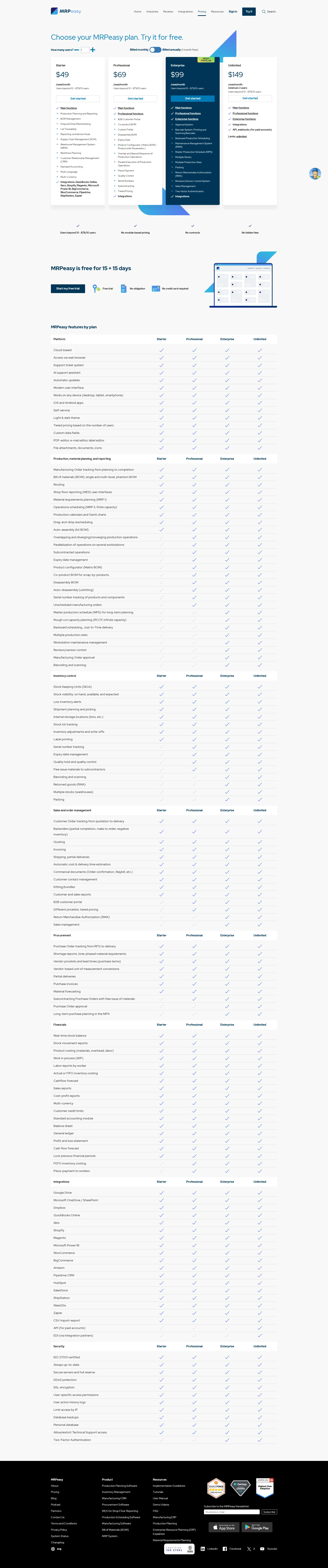 MRPeasy pricing page screenshot