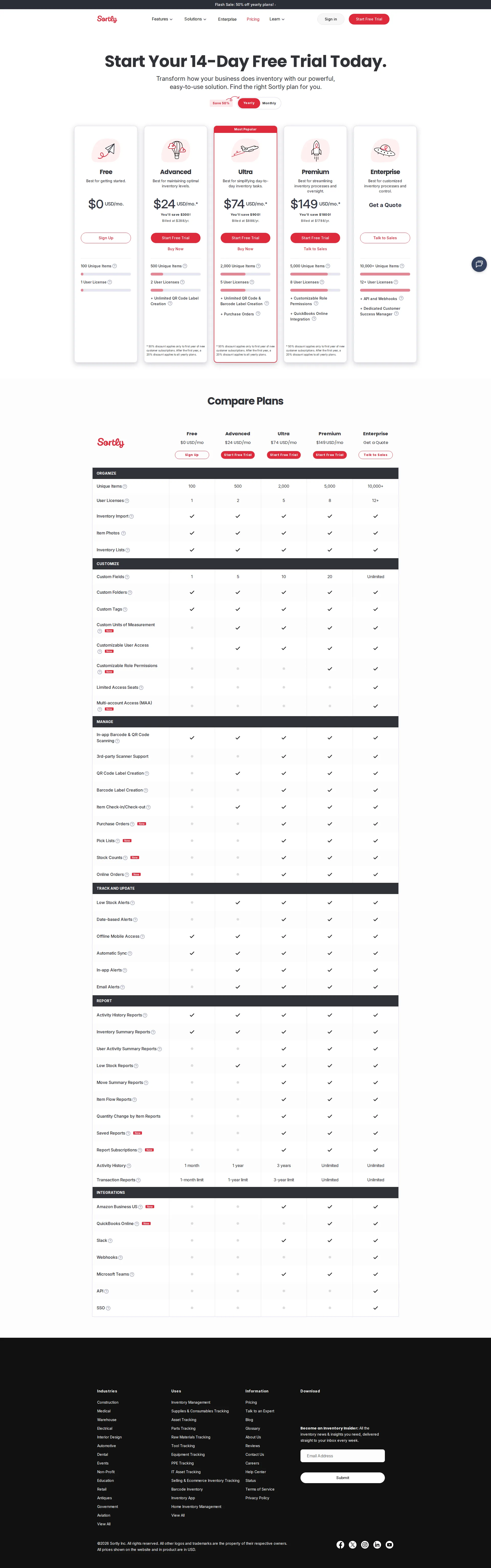 Sortly pricing page screenshot