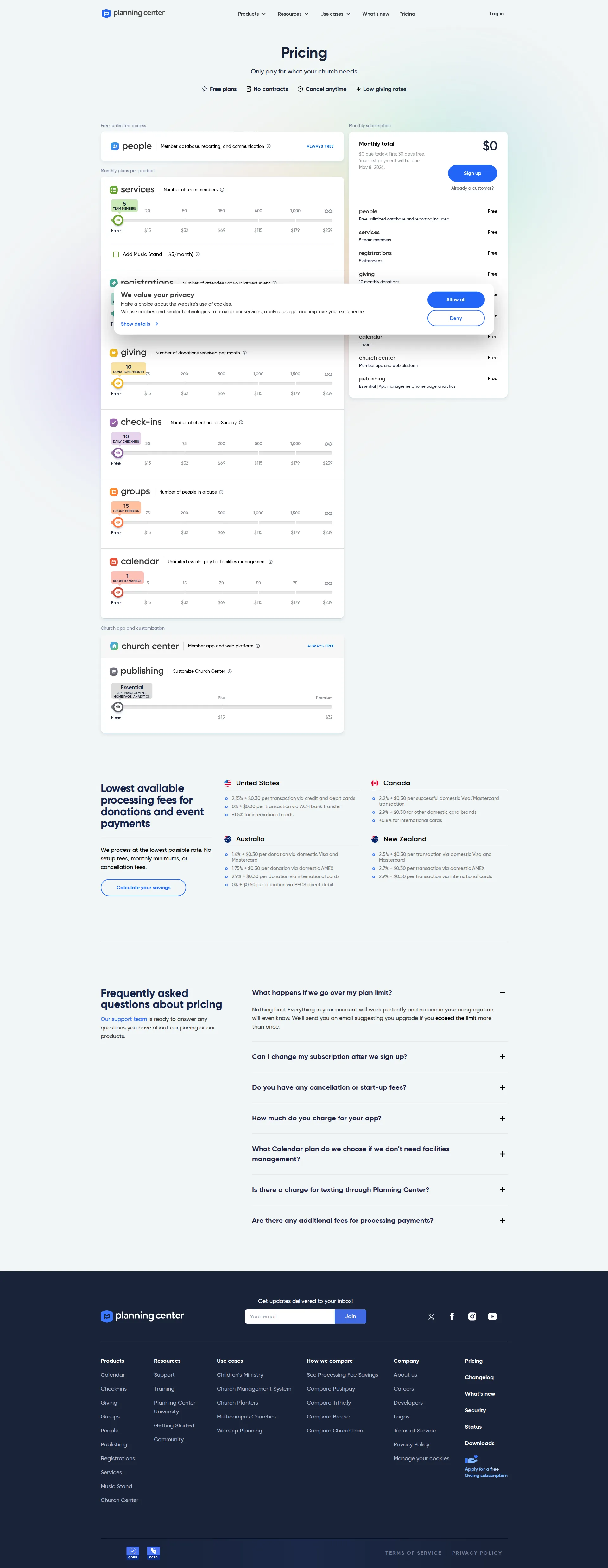 Planning Center pricing page screenshot