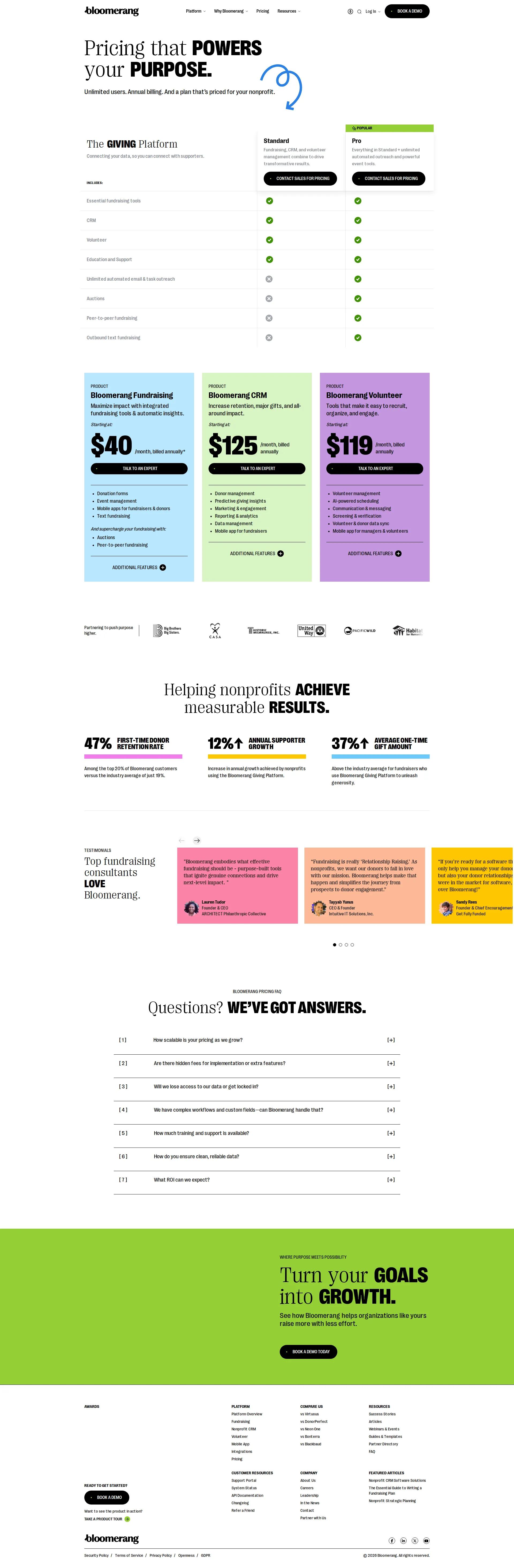 Kindful pricing page screenshot