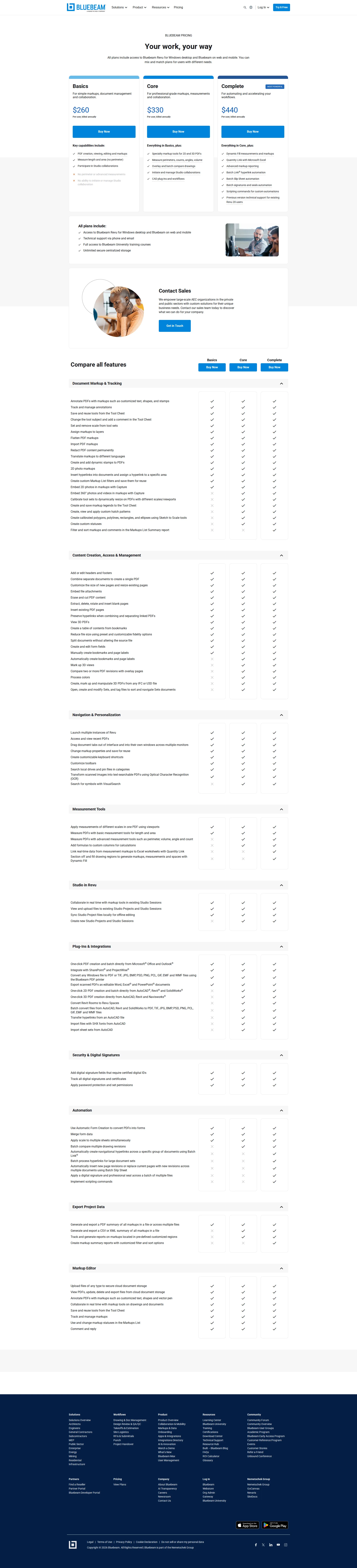 Bluebeam pricing page screenshot