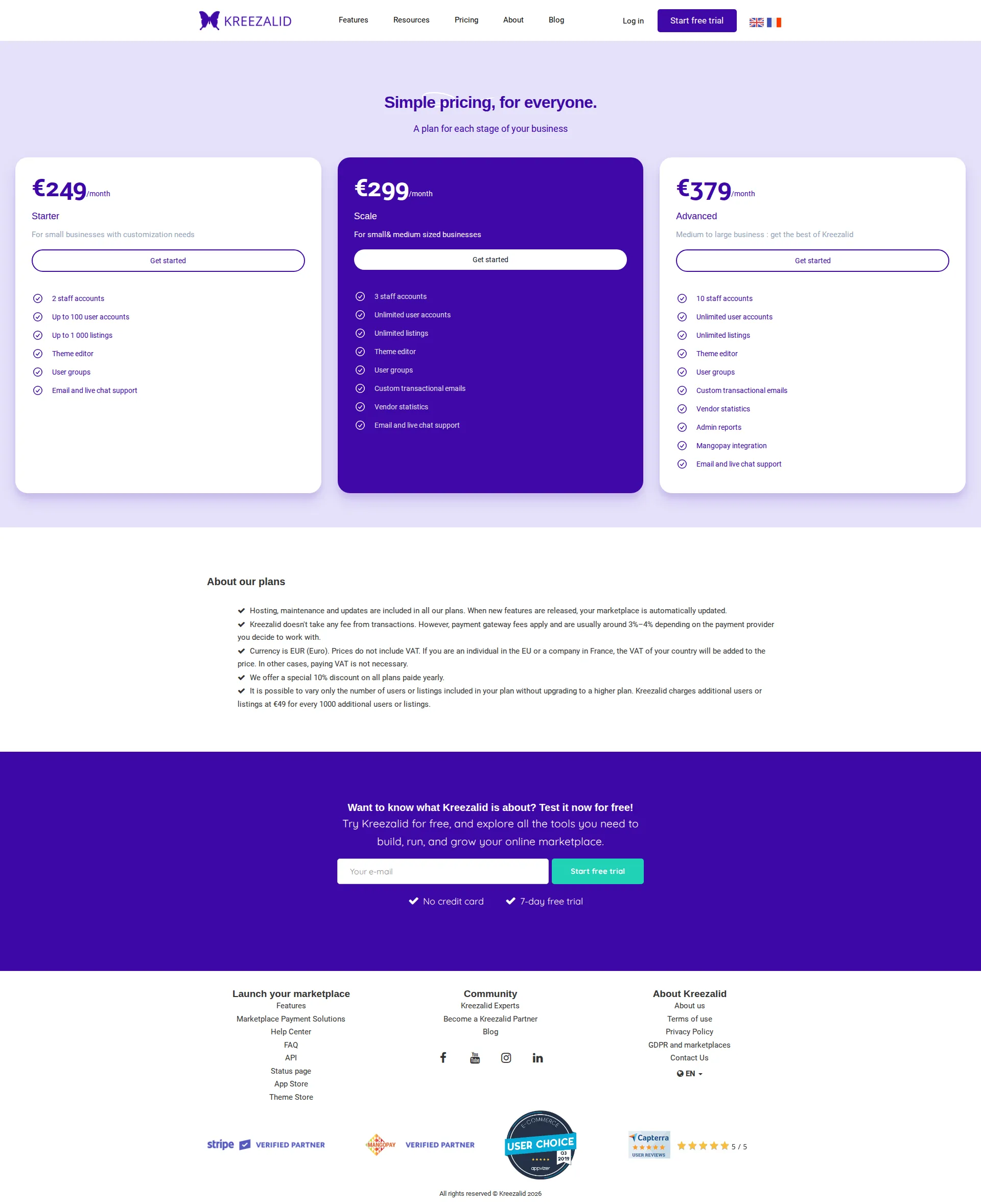 Kreezalid pricing page screenshot