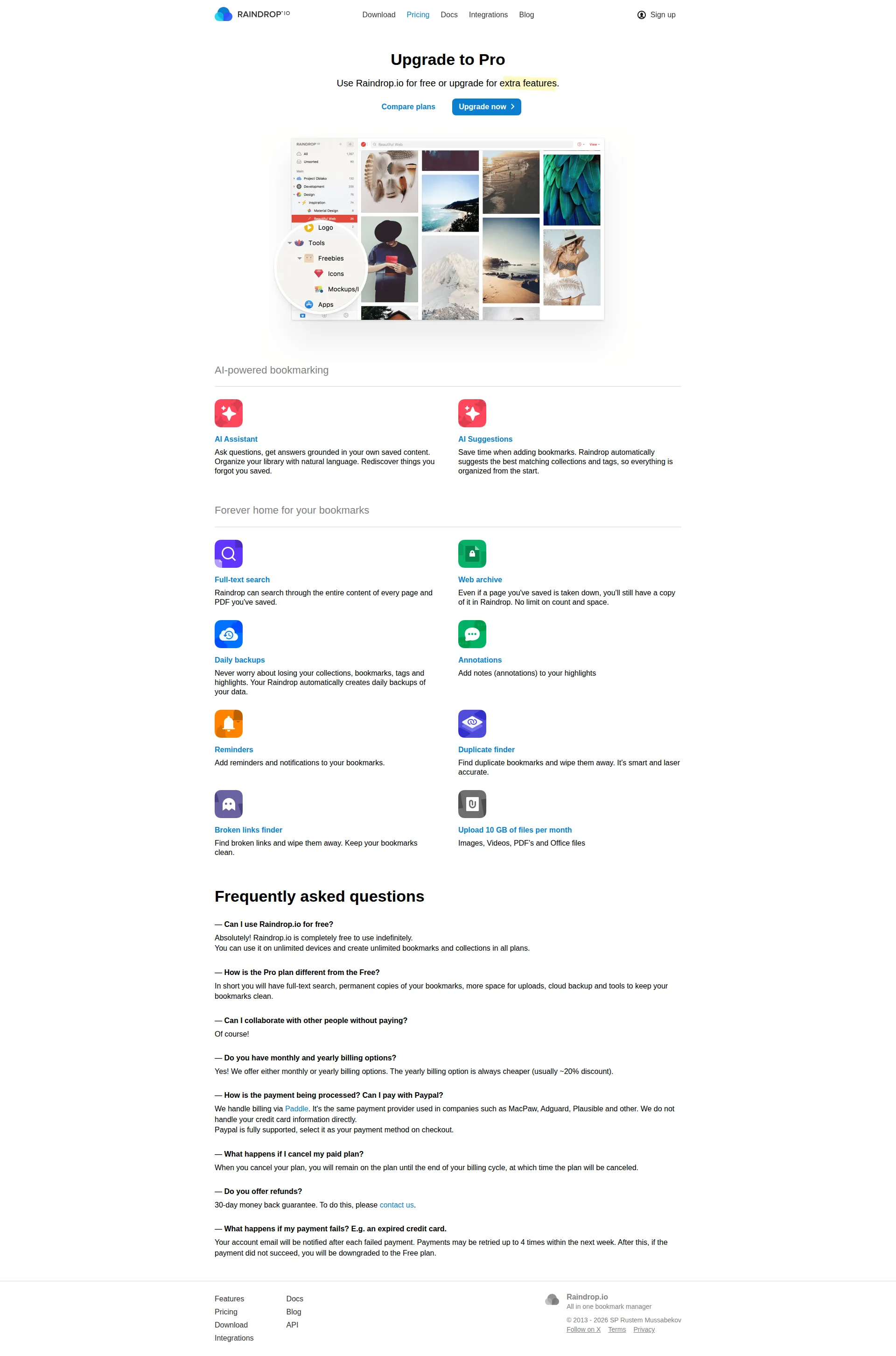 Raindrop.io pricing page screenshot