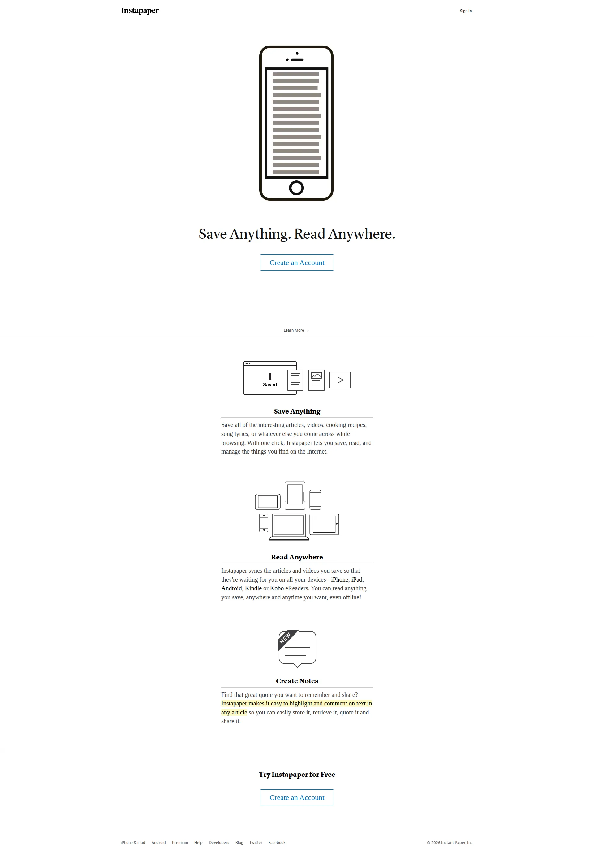 Instapaper pricing page screenshot