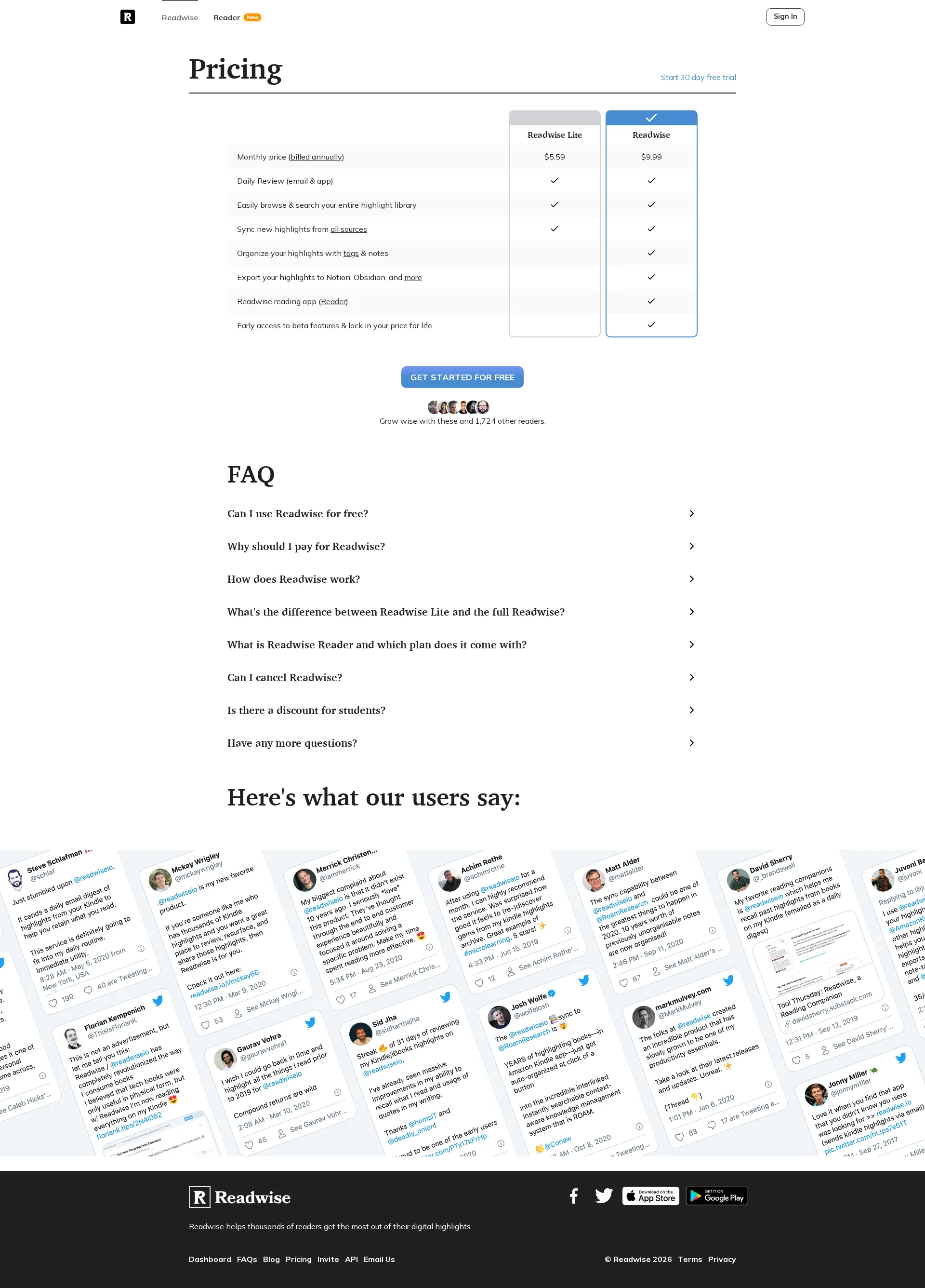 Readwise pricing page screenshot