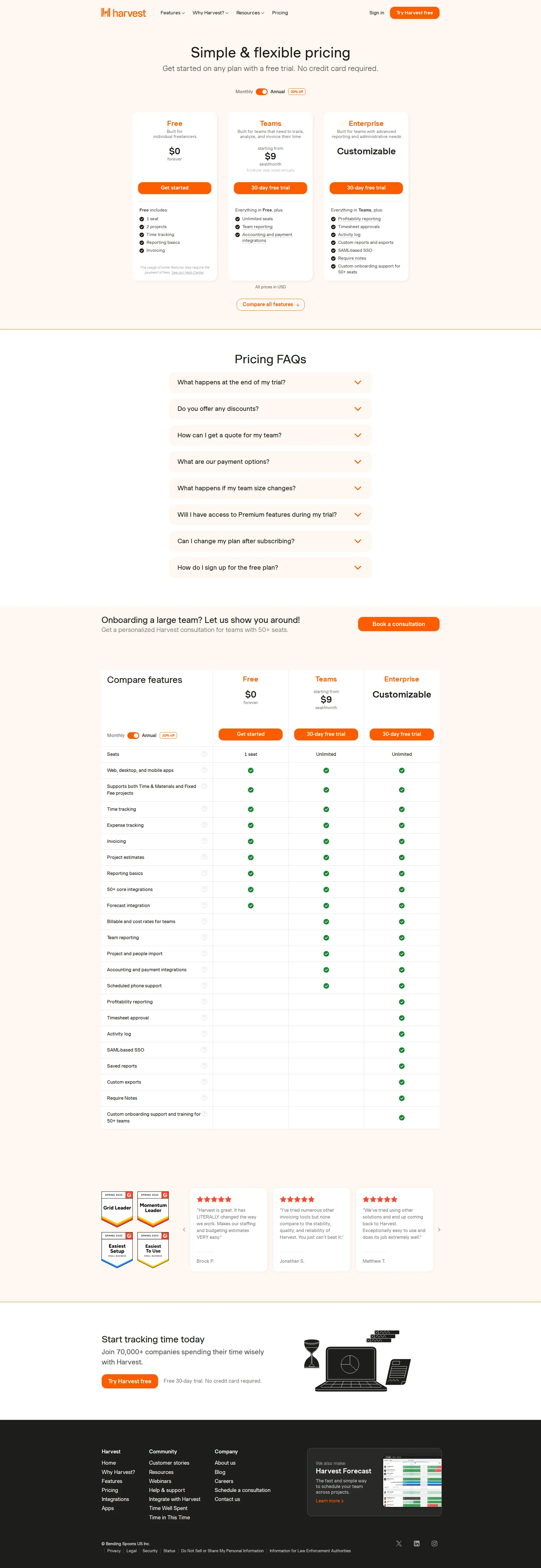 Harvest pricing page screenshot