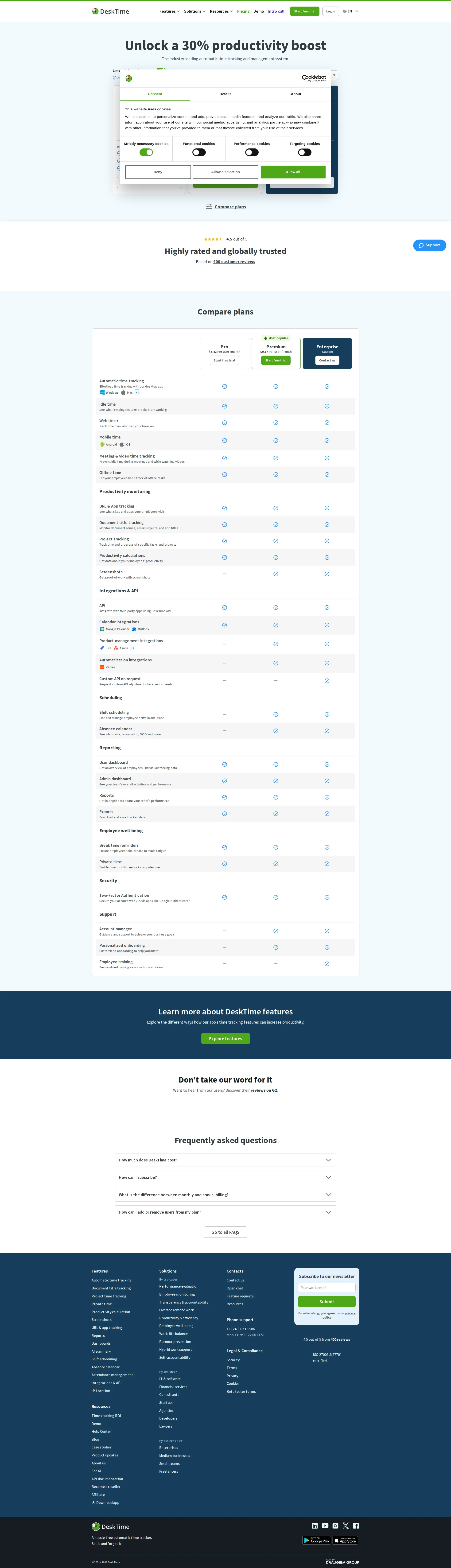 DeskTime pricing page screenshot