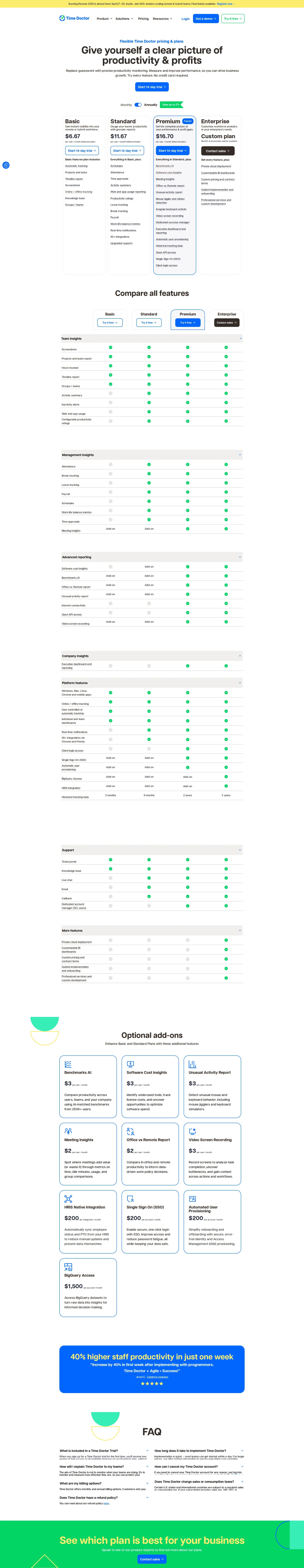 Time Doctor pricing page screenshot