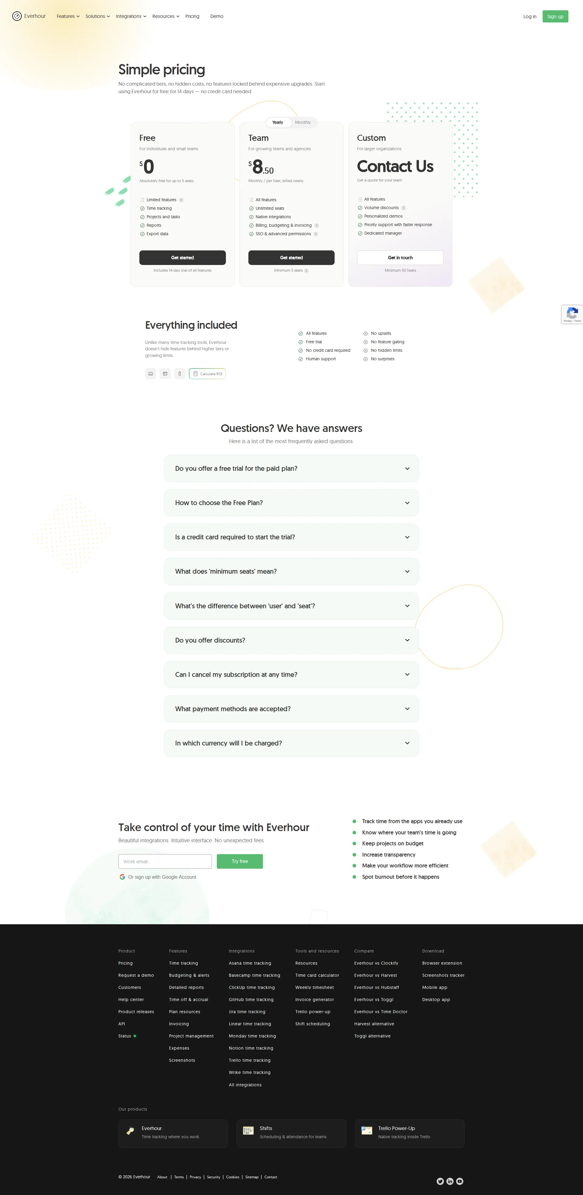 Everhour pricing page screenshot