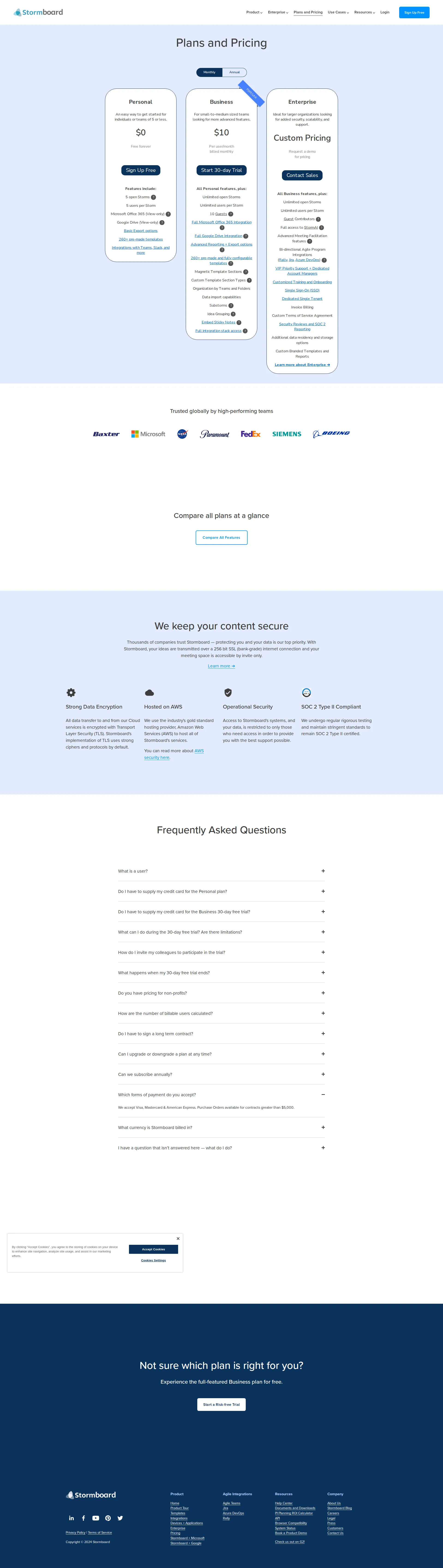 Stormboard pricing page screenshot
