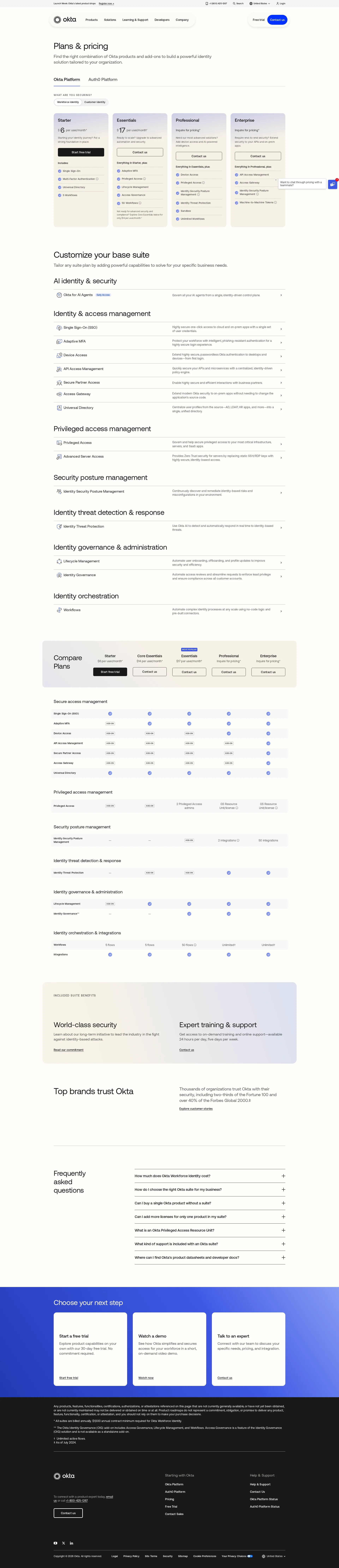 Okta pricing page screenshot