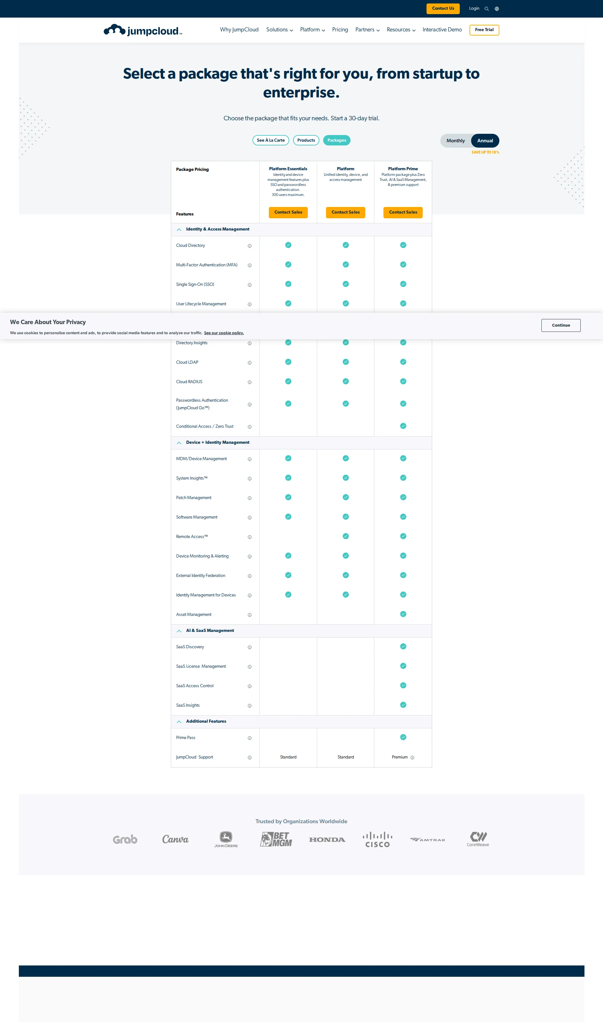 JumpCloud pricing page screenshot