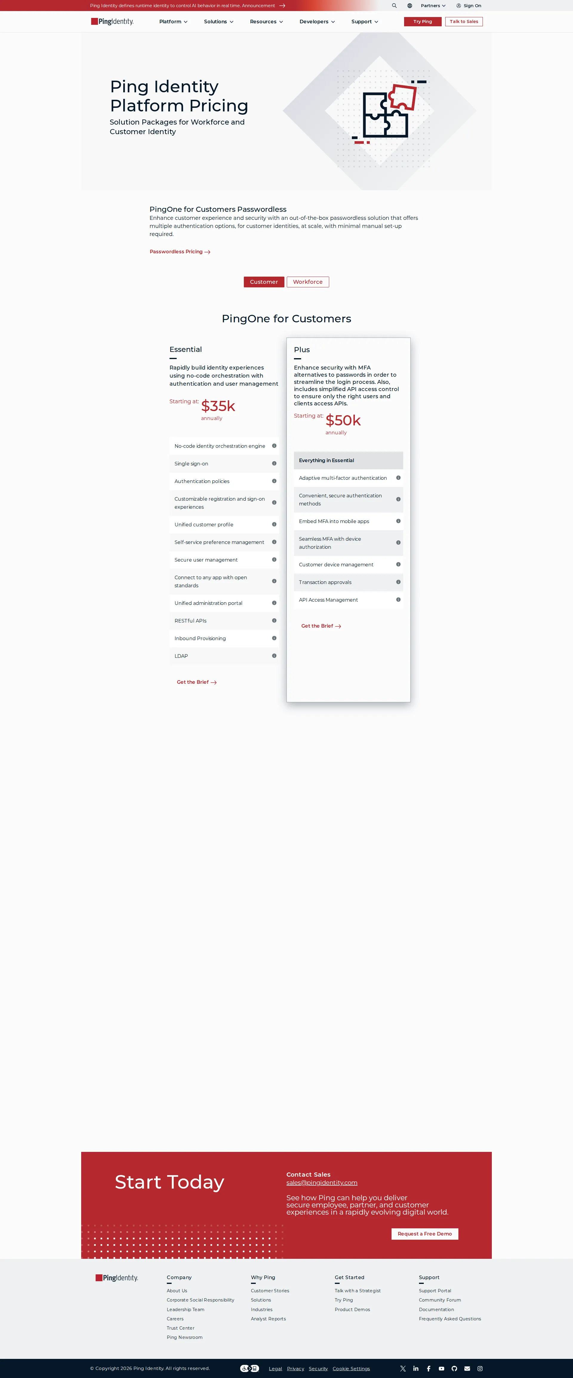 Ping Identity pricing page screenshot
