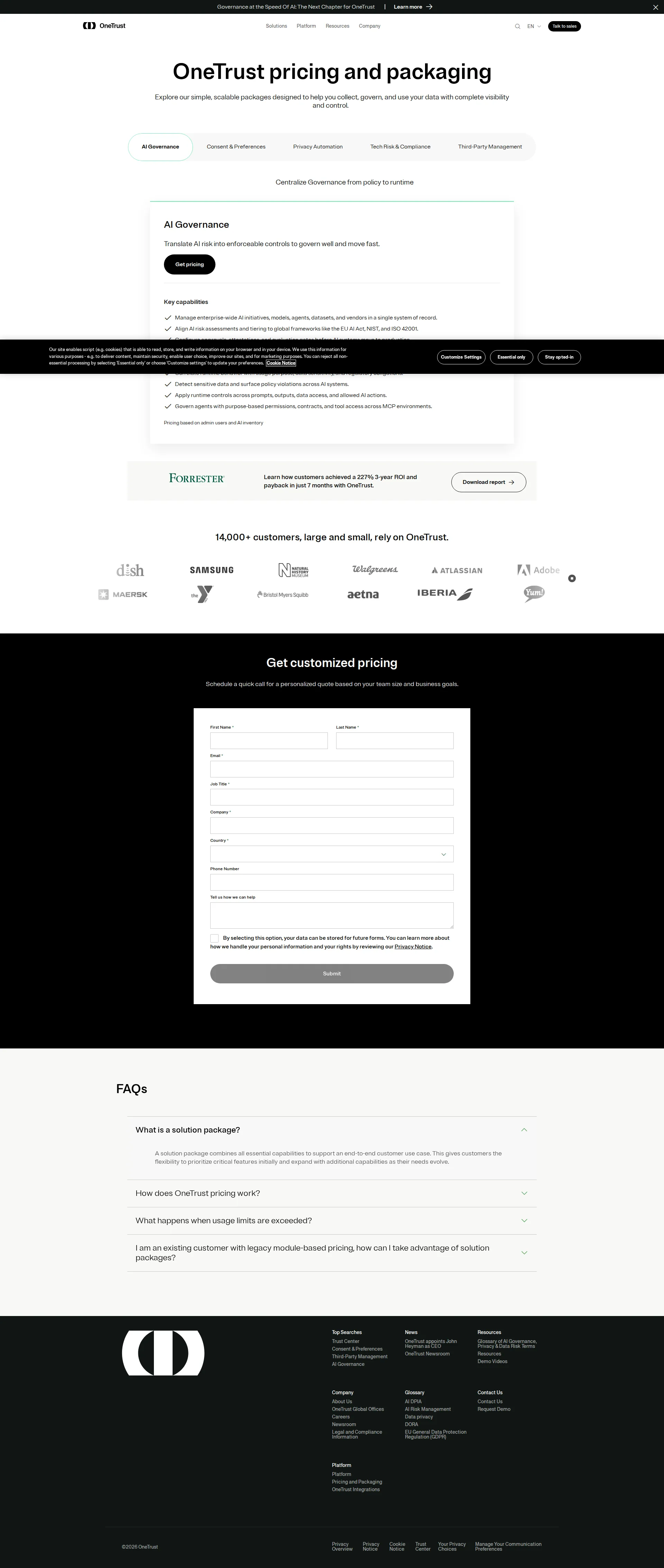 OneTrust pricing page screenshot