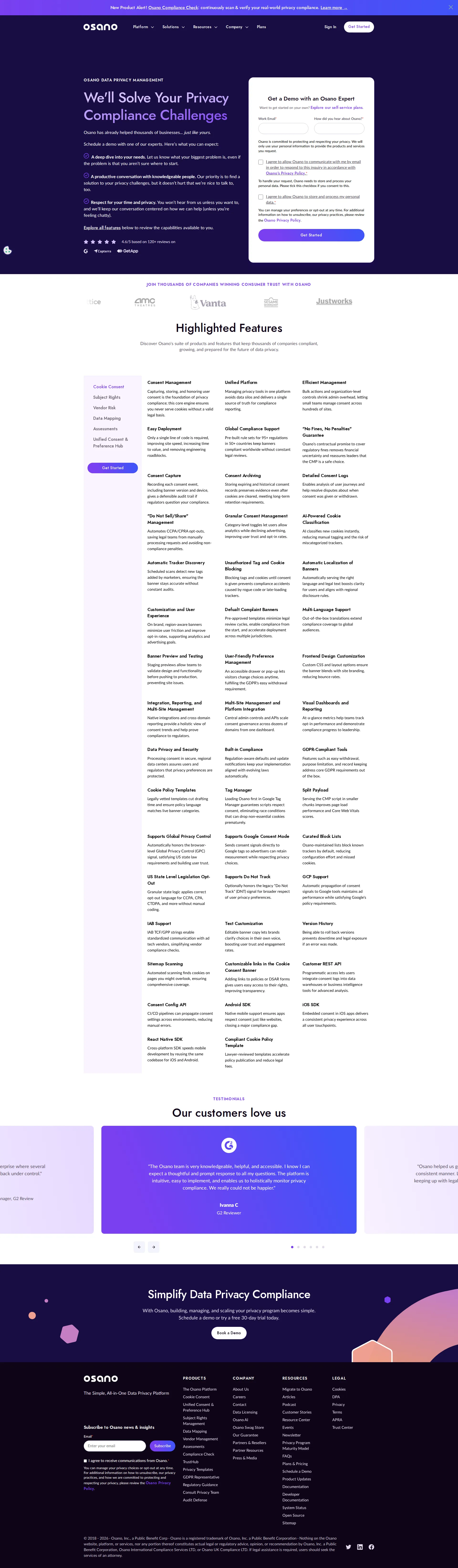 Osano pricing page screenshot