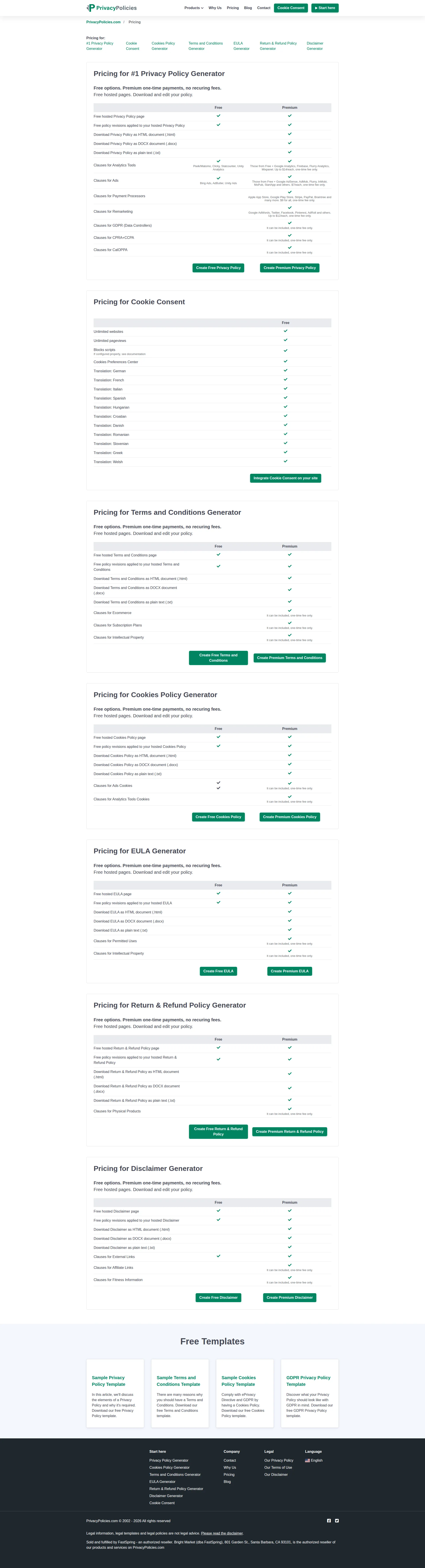 PrivacyPolicies pricing page screenshot