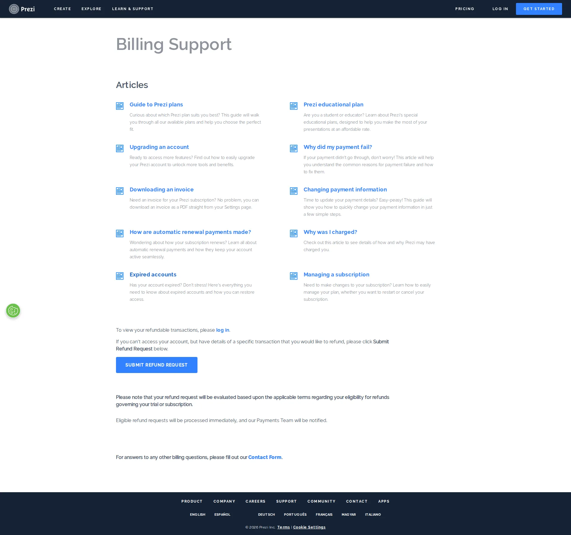 Prezi pricing page screenshot