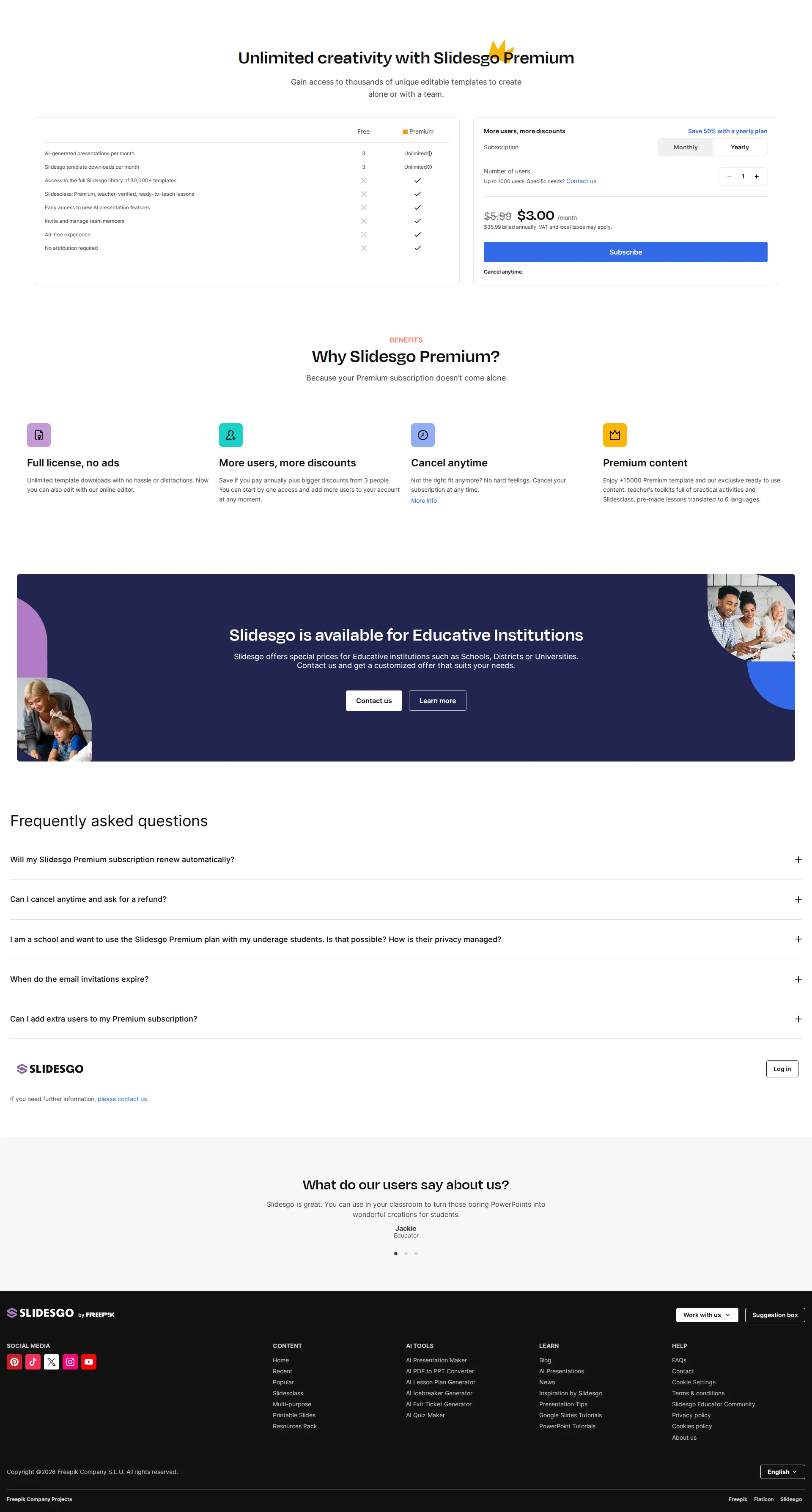 Slidesgo pricing page screenshot