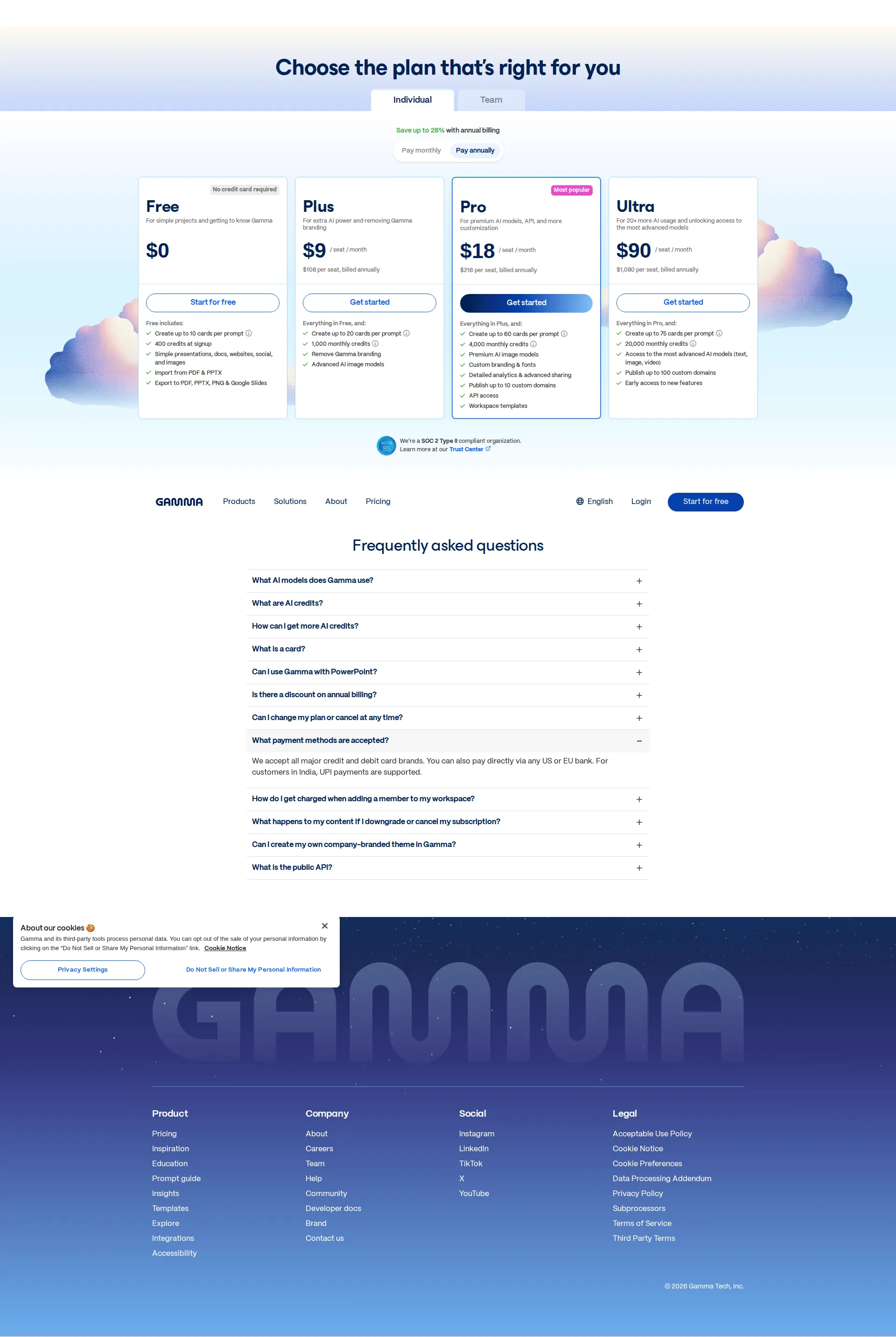 Gamma pricing page screenshot