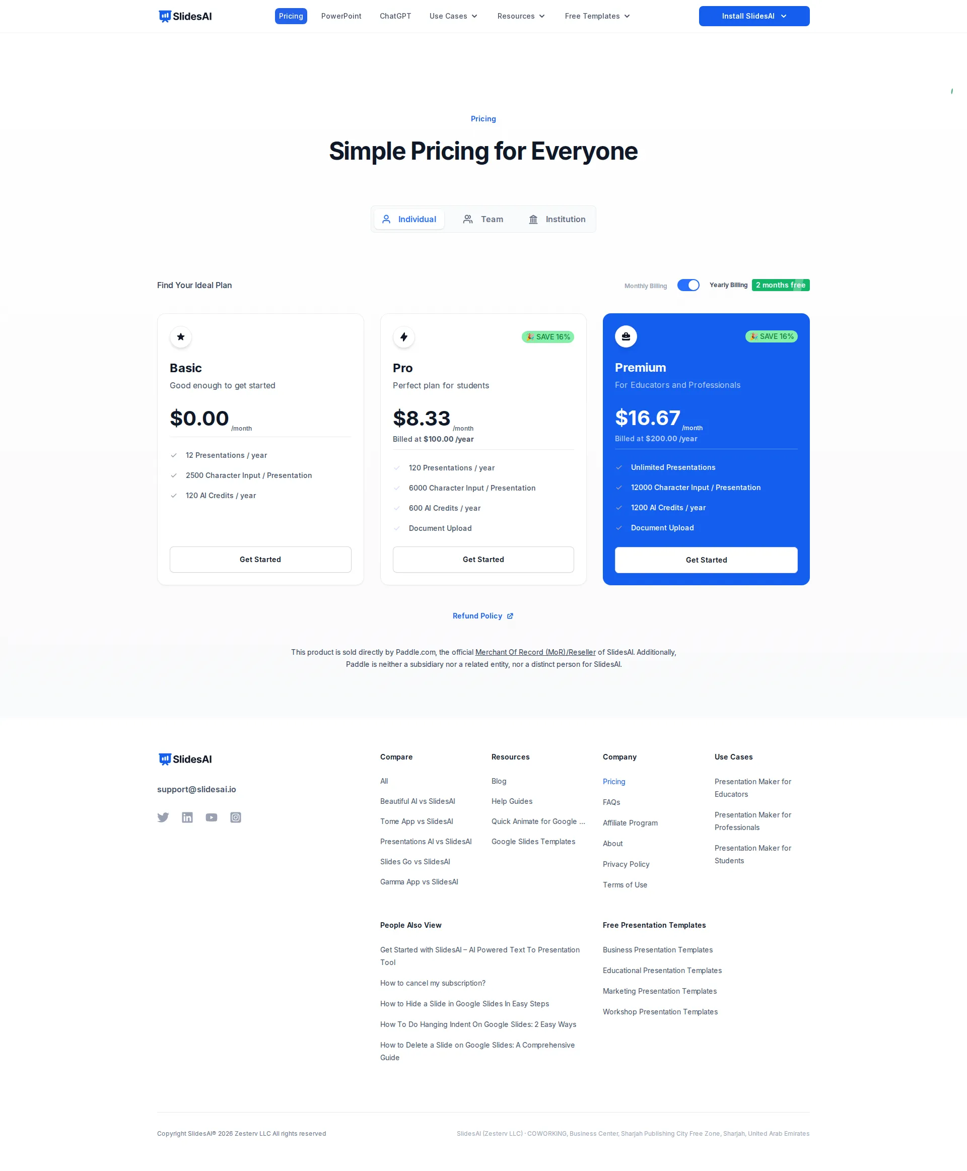 SlidesAI pricing page screenshot