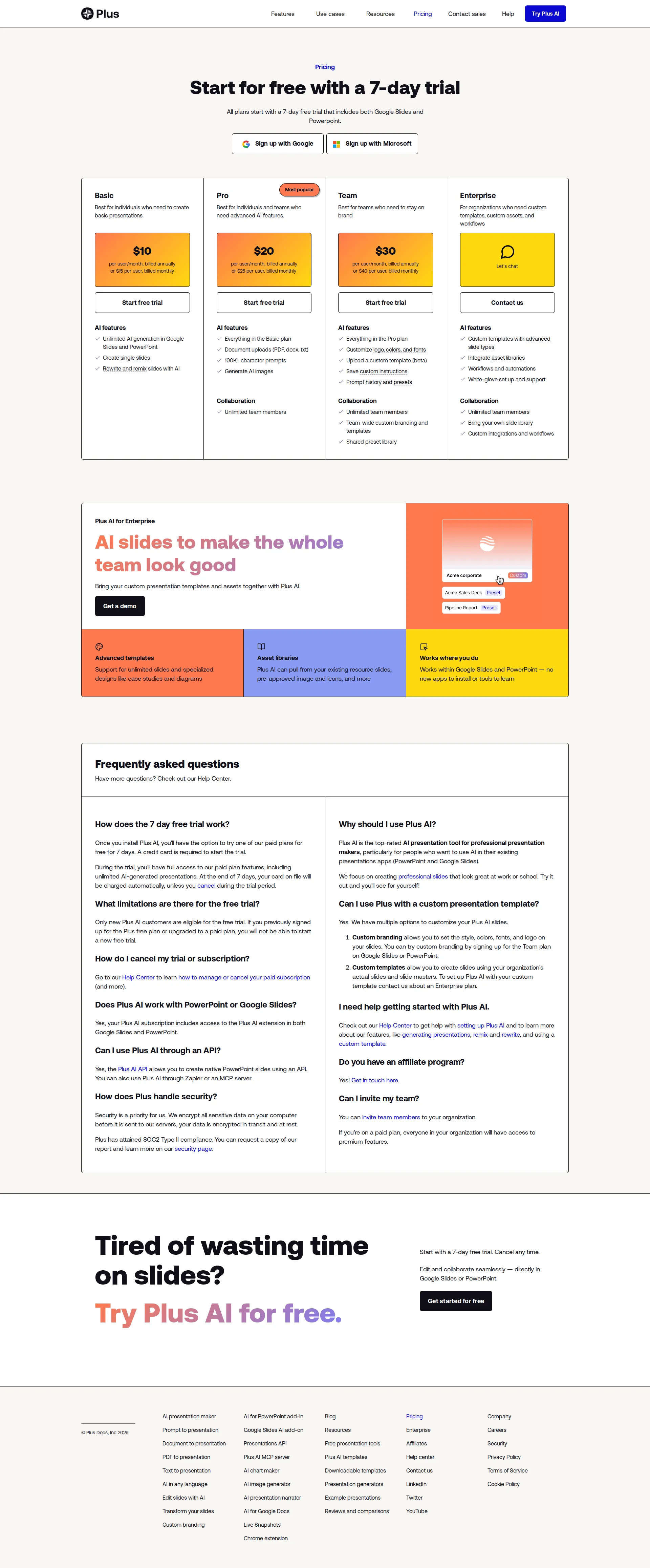Plus AI pricing page screenshot