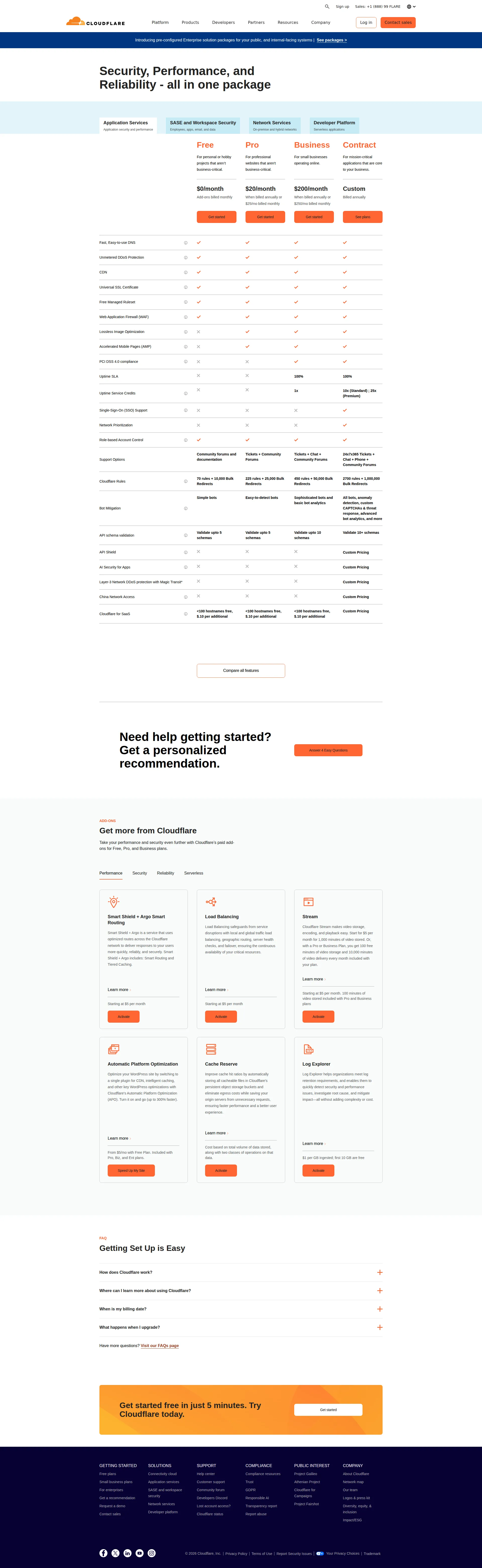 Cloudflare pricing page screenshot