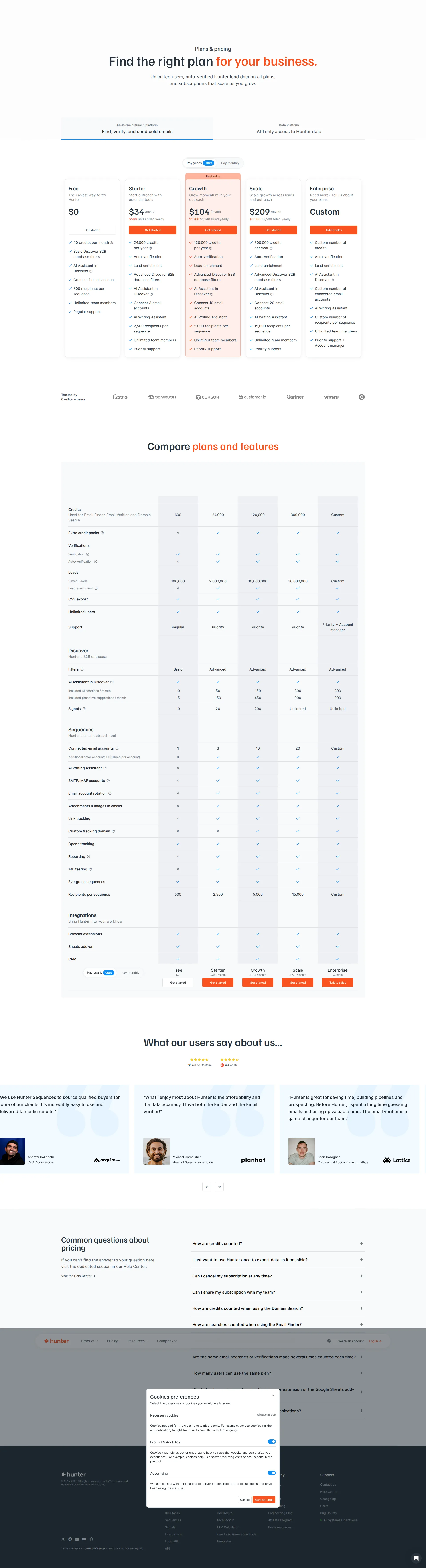 Hunter.io pricing page screenshot