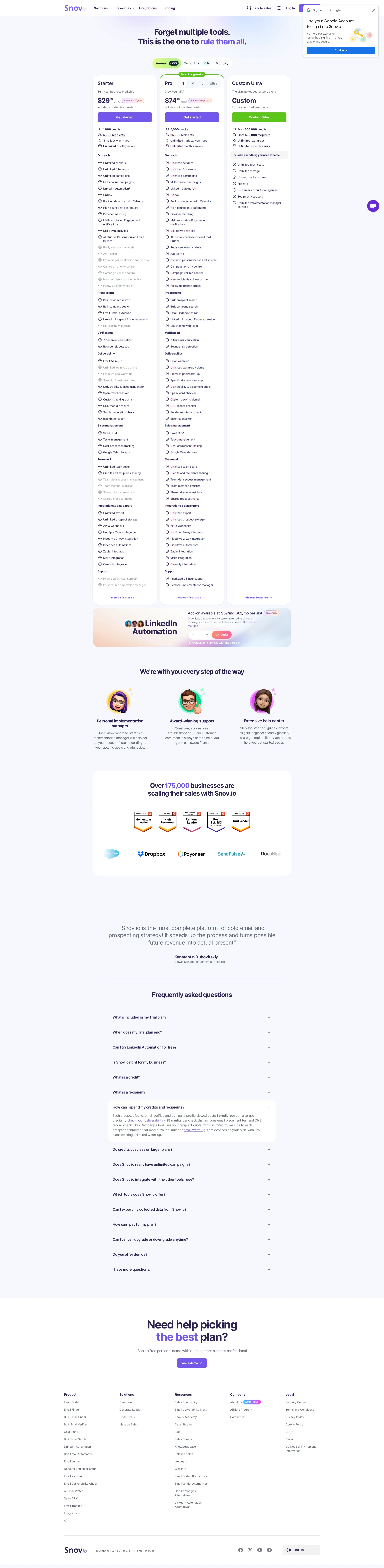 Snov.io pricing page screenshot