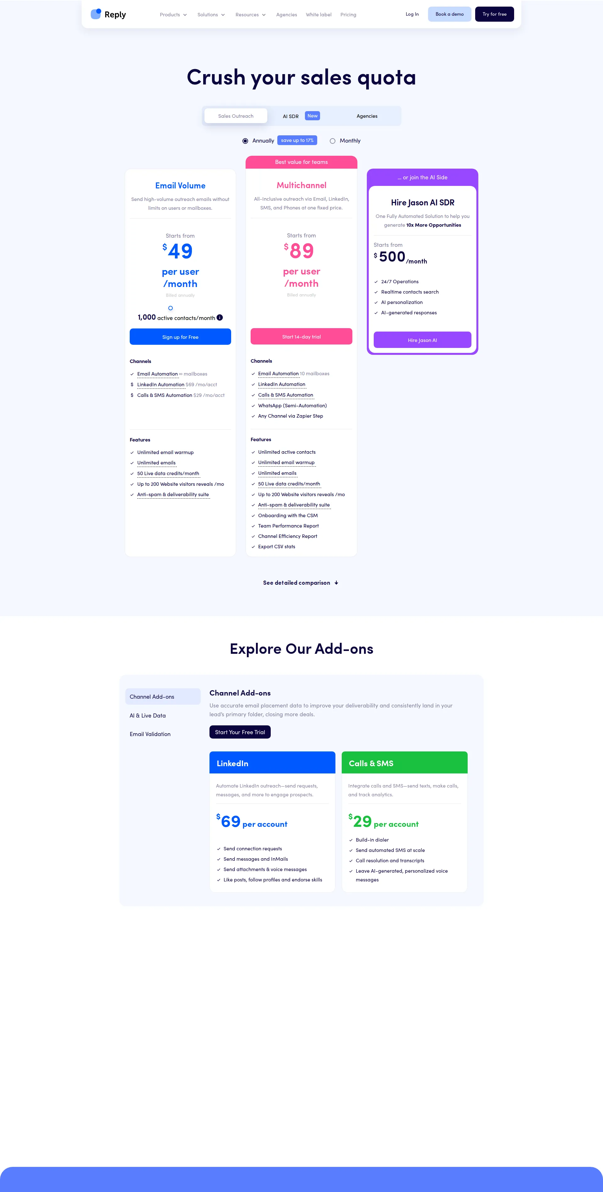 Reply.io pricing page screenshot