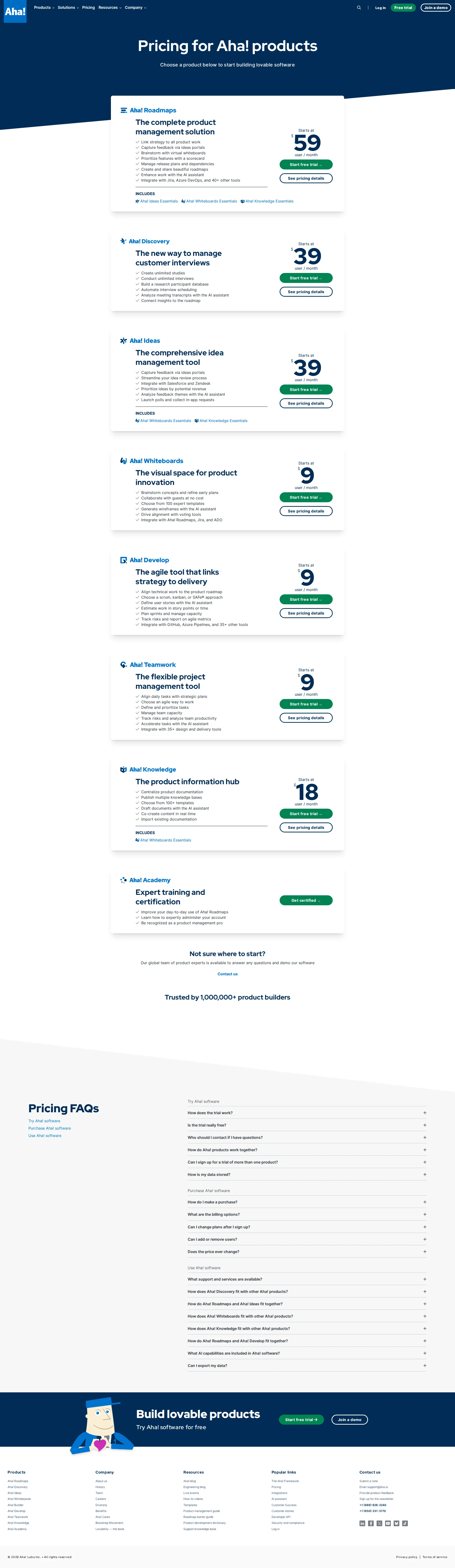 Aha! pricing page screenshot