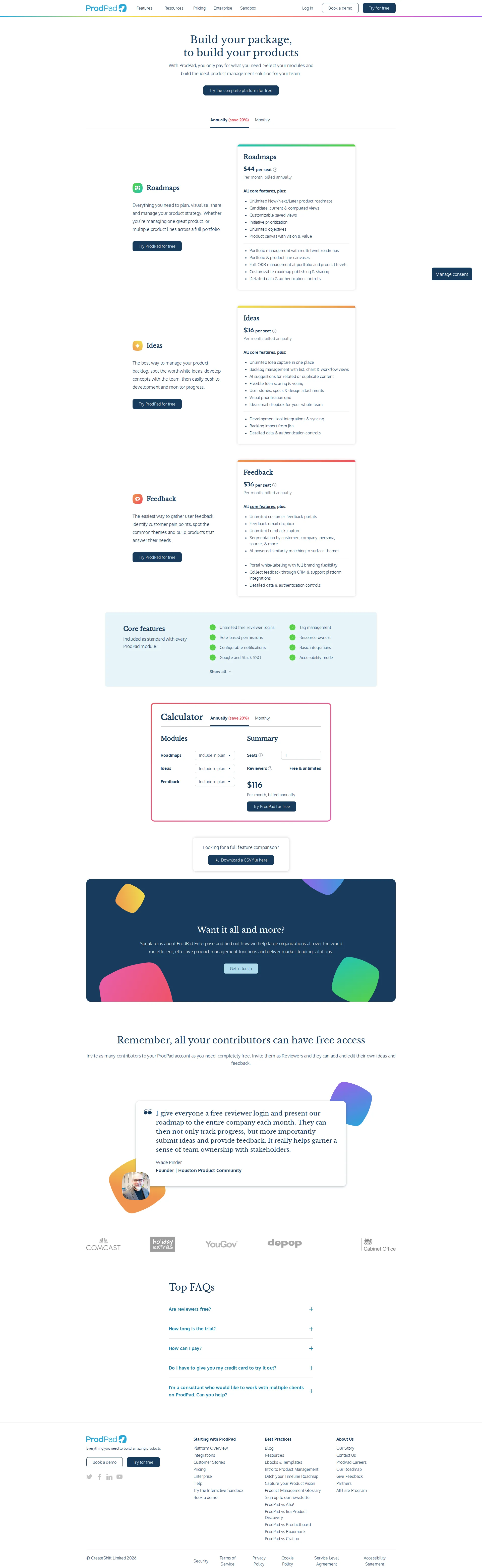 ProdPad pricing page screenshot