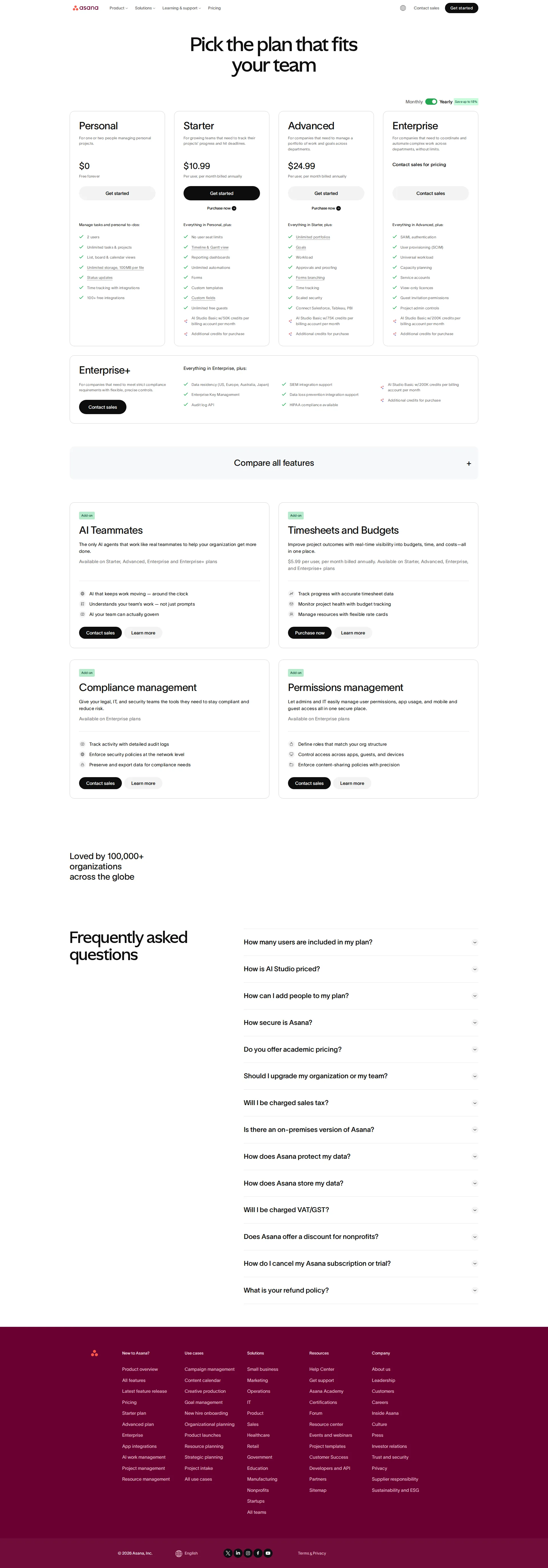 Asana pricing page screenshot
