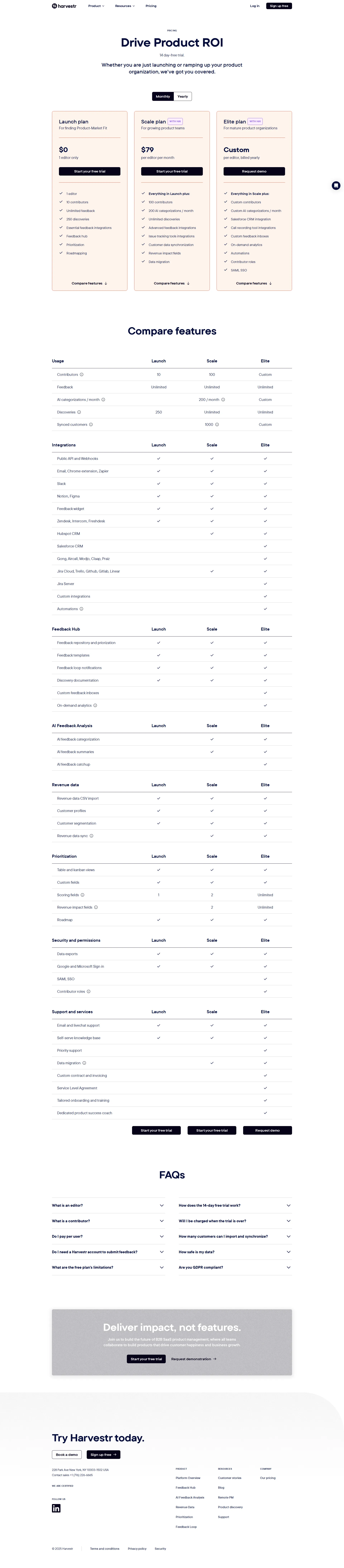 Harvestr pricing page screenshot