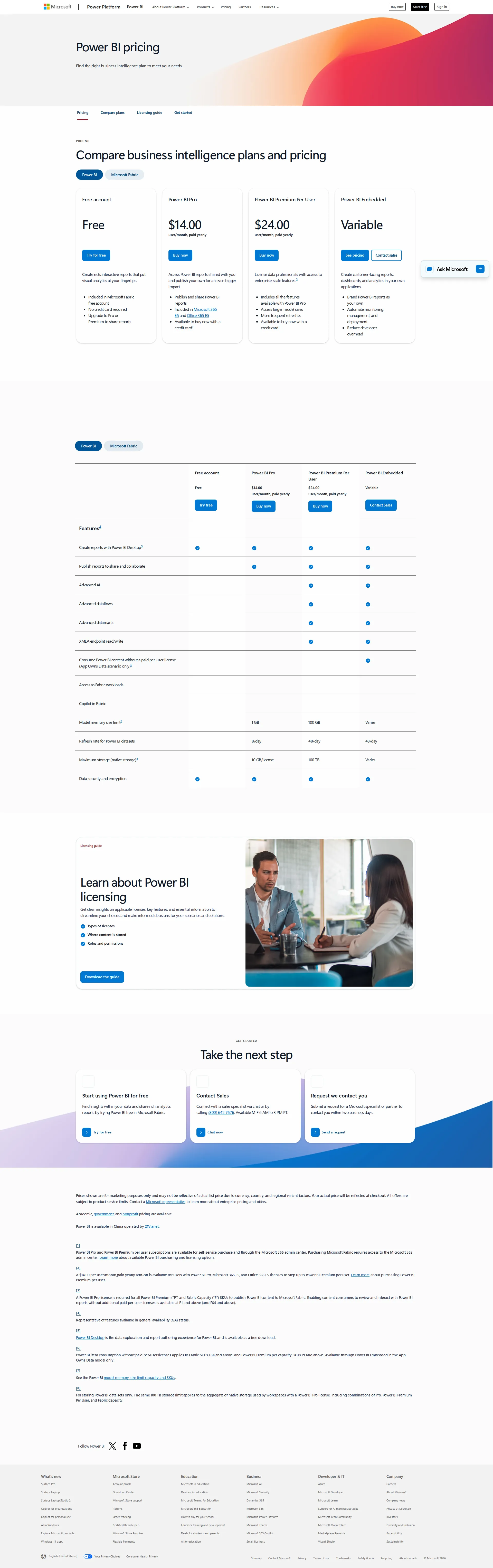 Power BI pricing page screenshot