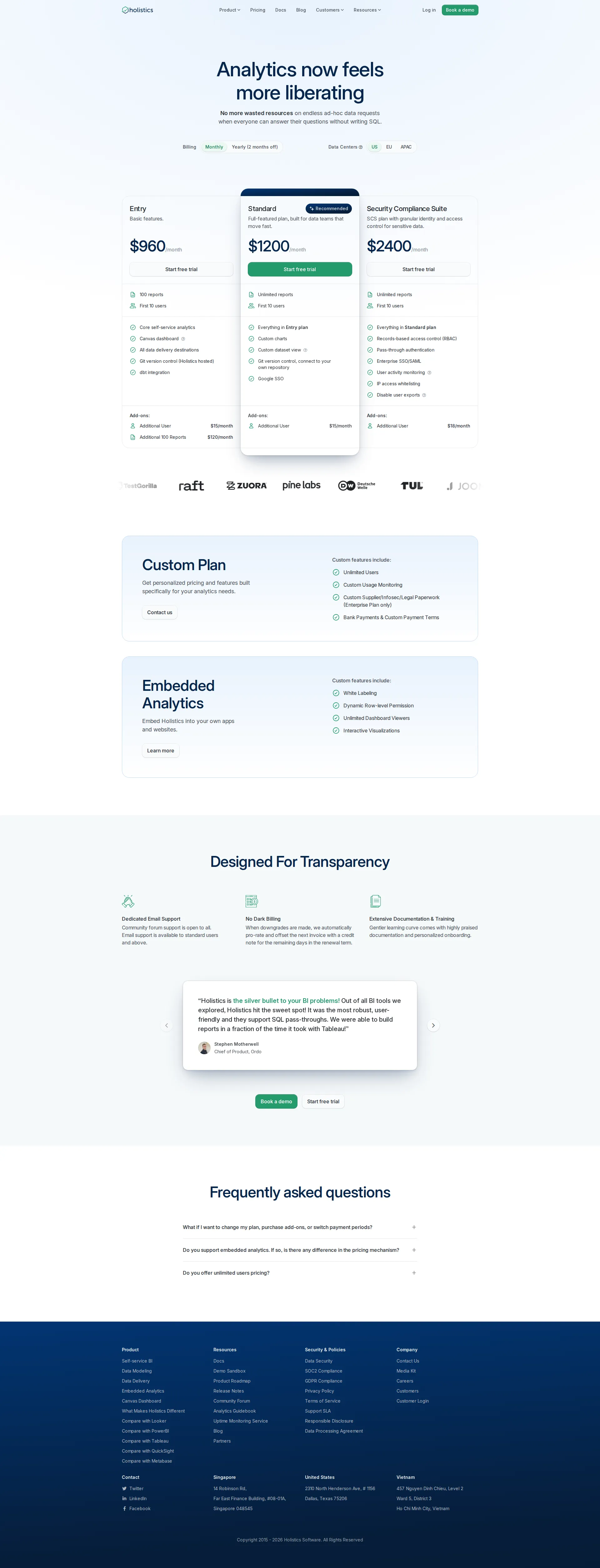 Holistics pricing page screenshot