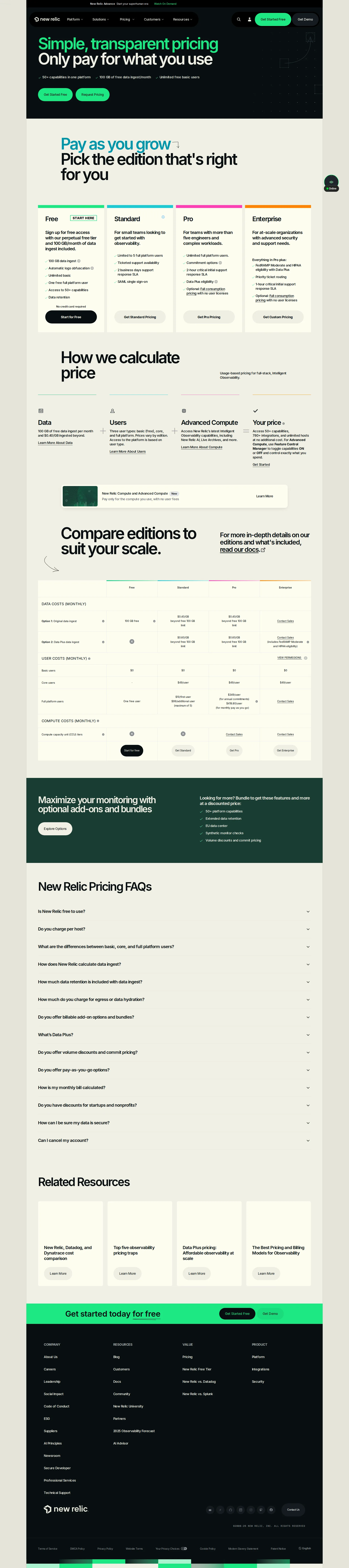 New Relic pricing page screenshot