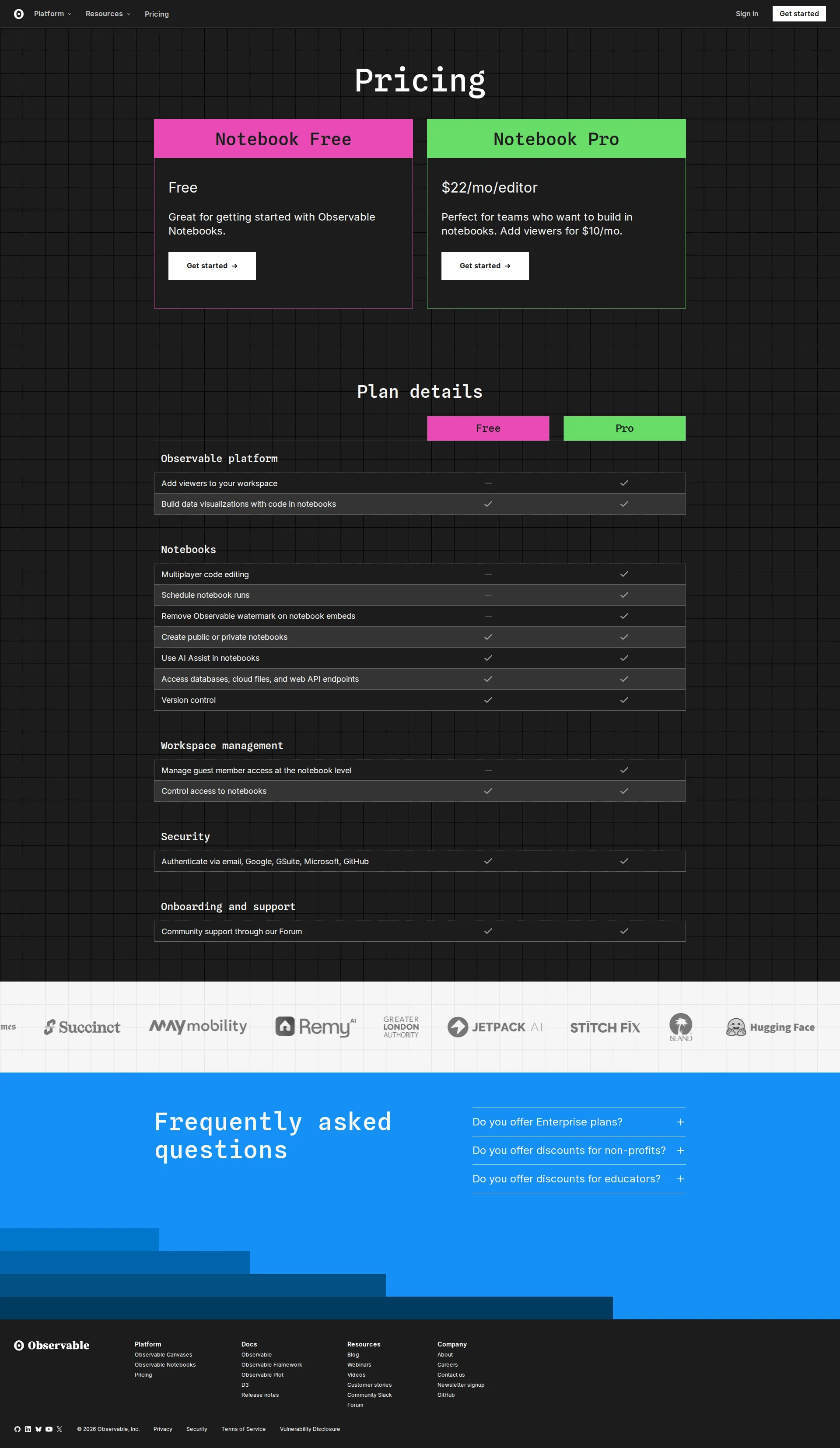 Observable pricing page screenshot