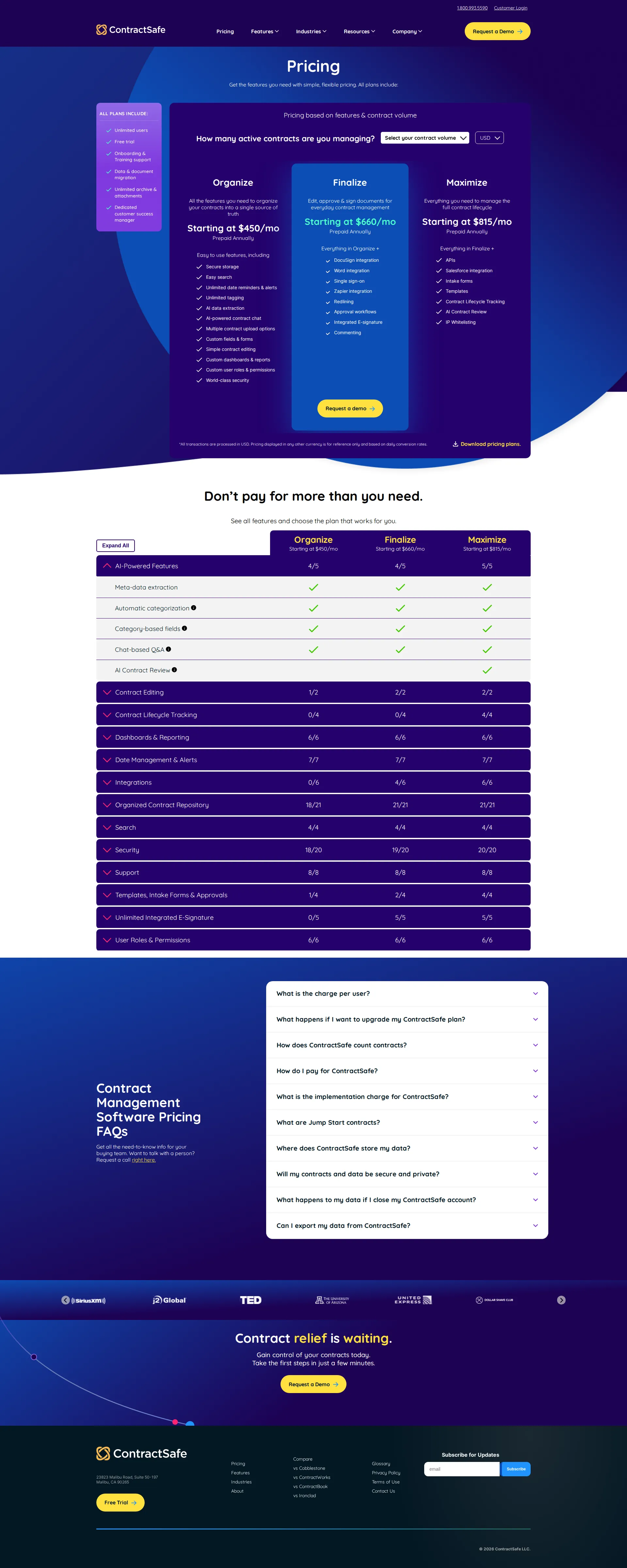 ContractSafe pricing page screenshot