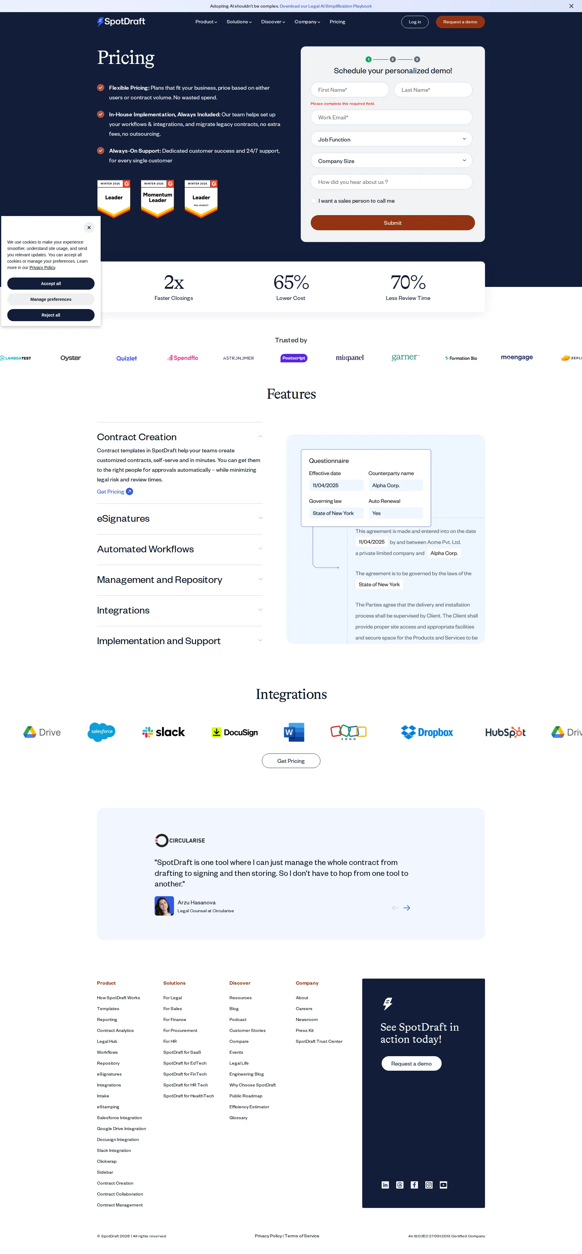 SpotDraft pricing page screenshot