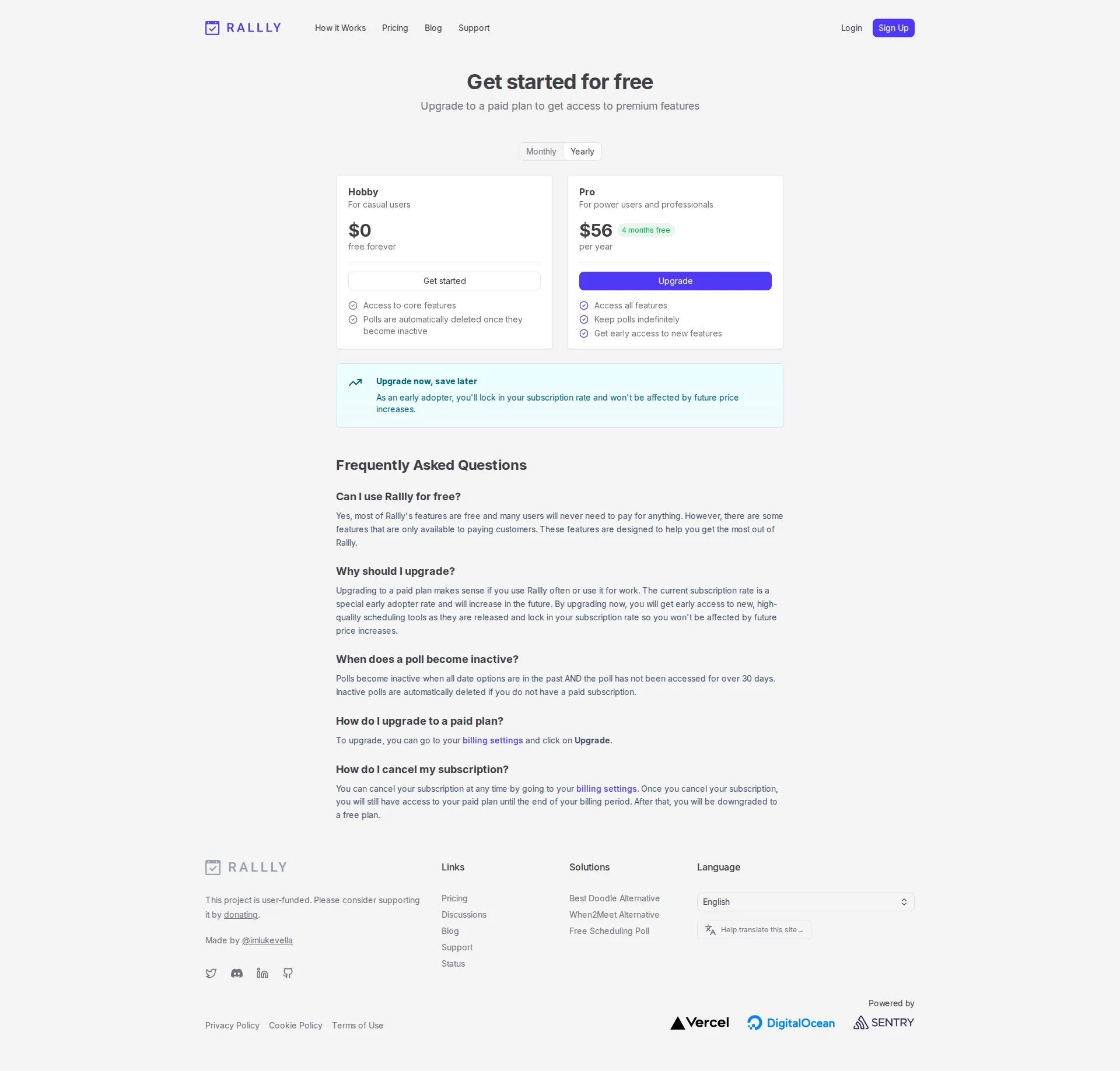 Rallly pricing page screenshot