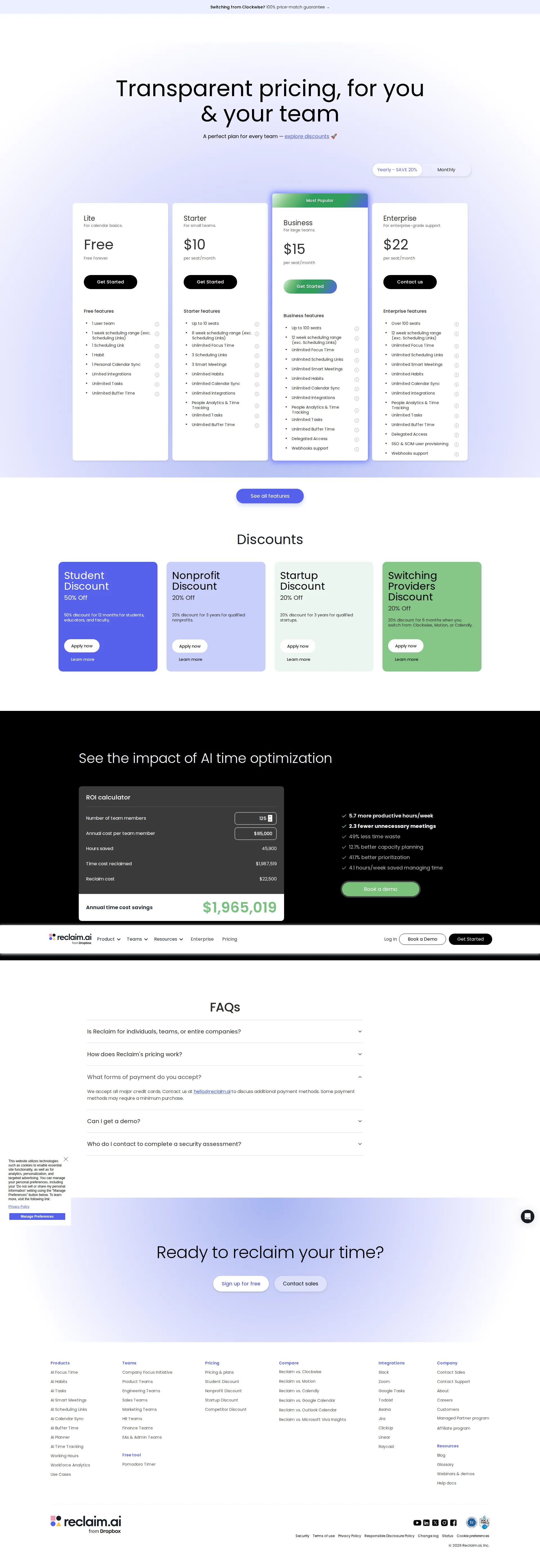Reclaim.ai pricing page screenshot
