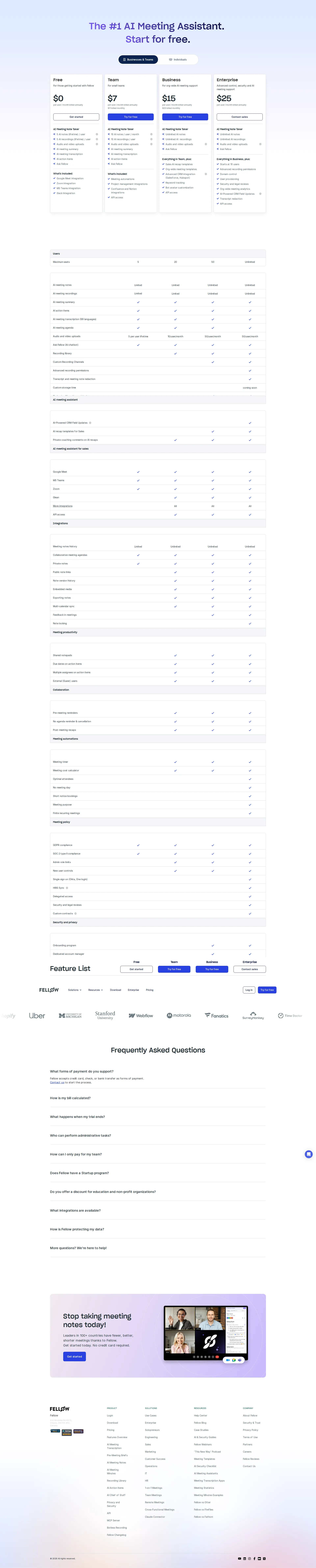 Fellow pricing page screenshot
