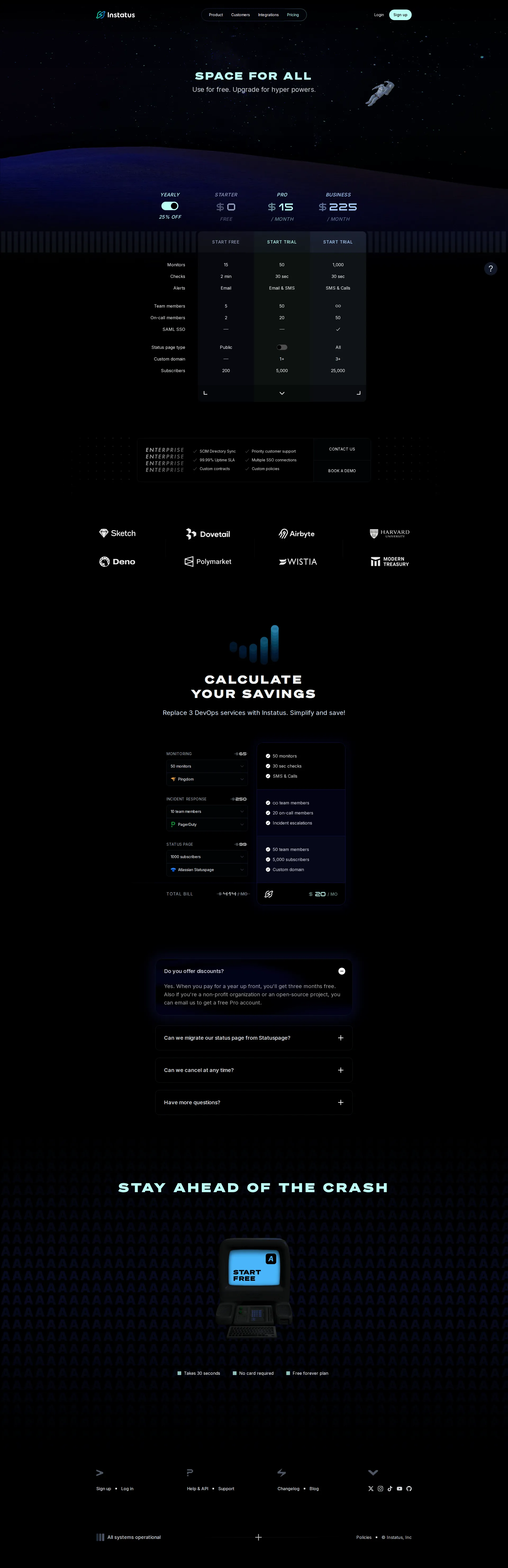 Instatus pricing page screenshot