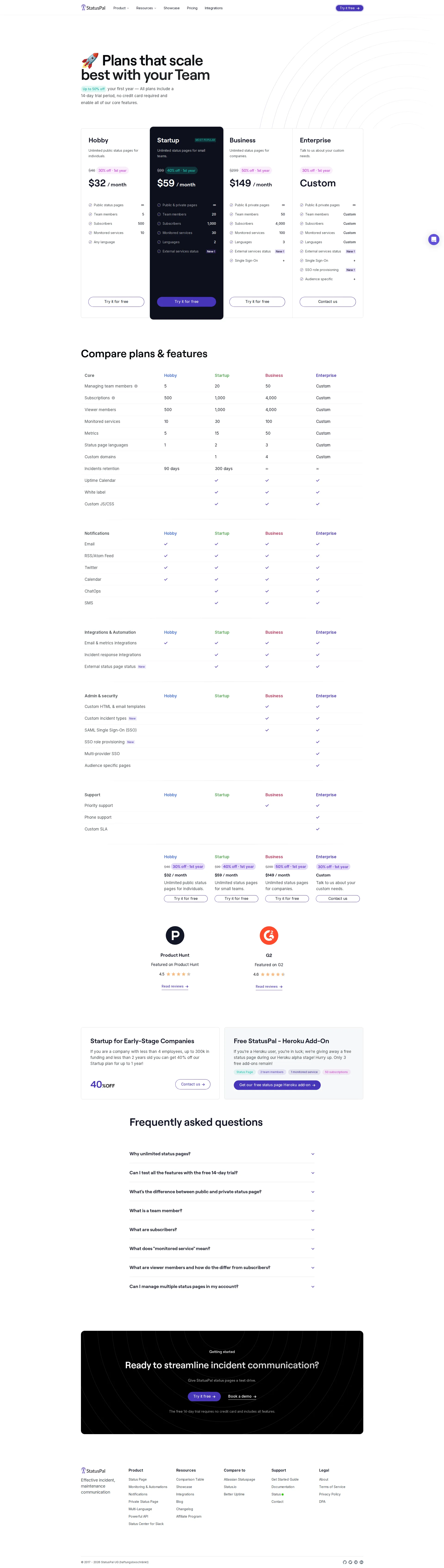 Statuspal pricing page screenshot