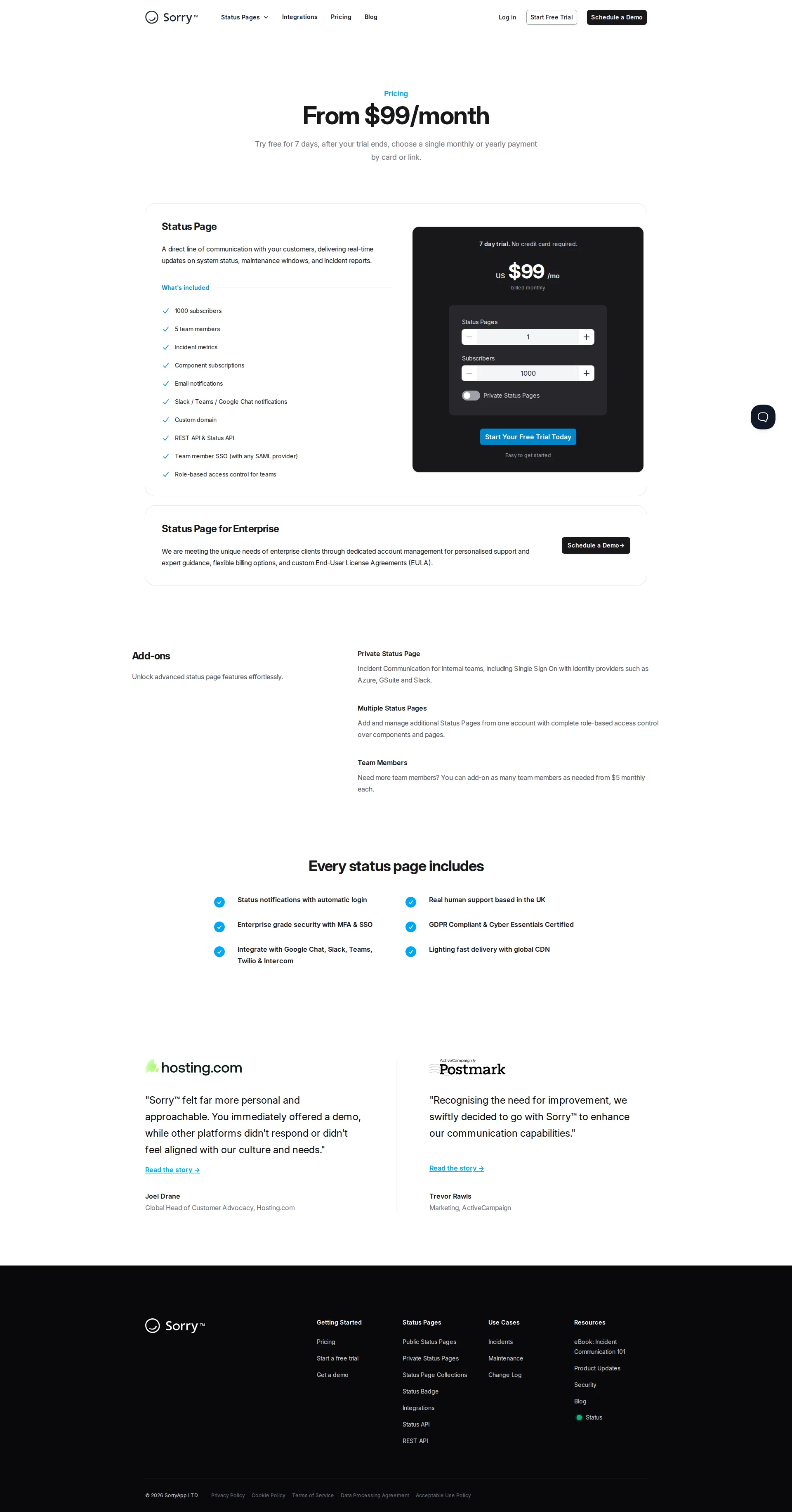 Sorry pricing page screenshot