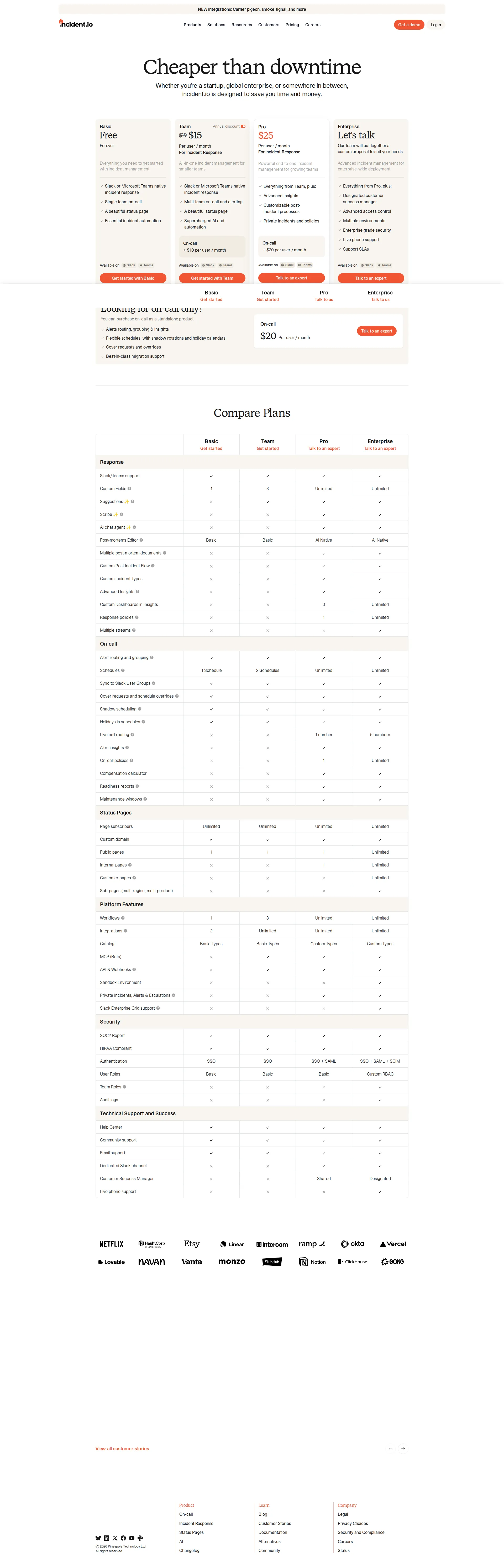 Incident.io pricing page screenshot