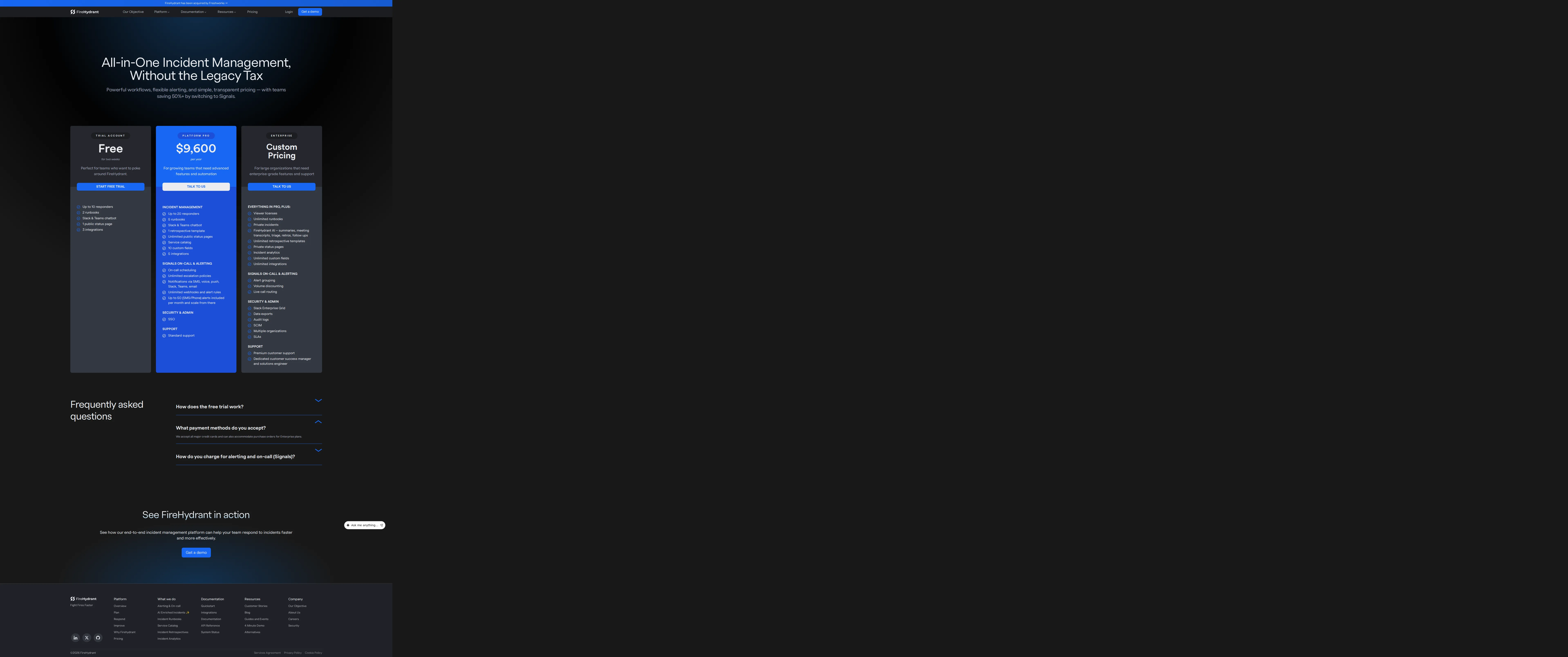 FireHydrant pricing page screenshot